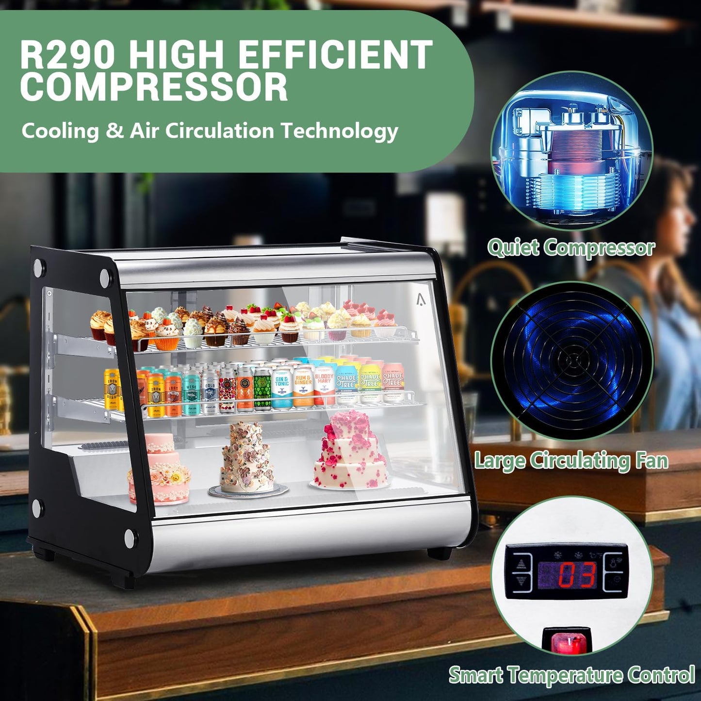 5.3 Cu.Ft Countertop Refrigerator Display Case,149L Commercial Display Refrigerator with Adjustable Shelves, Automatic Defrost, Stainless Steel Food Display Case for Cafe, Restaurant & Grocery Stores