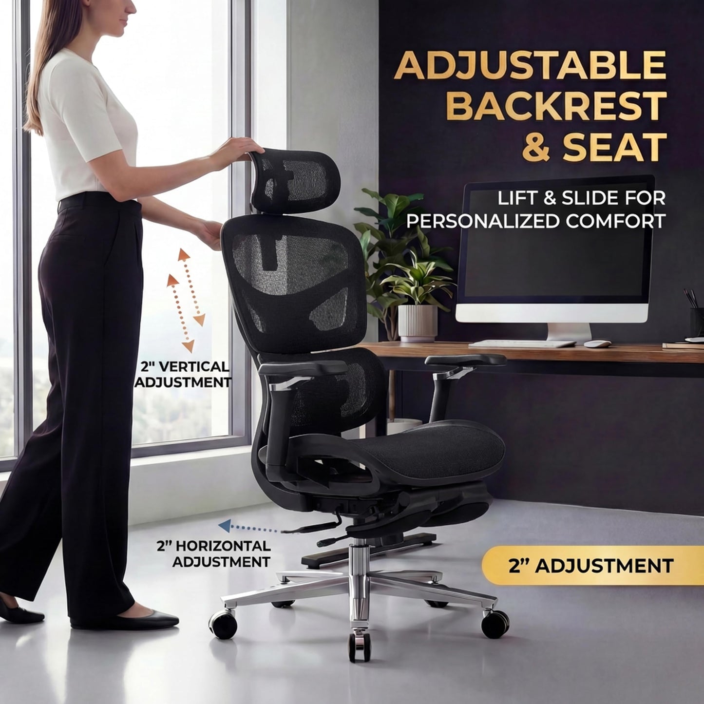 Ergonomic Office Chair with Footrest & Massage Lumbar Support – 4D Headrest & 6D Armrests, Reclining Big and Tall 400LBS Mesh Chair, Adjustable Seat Depth & Back Height, for Home Office/Gaming (Black)