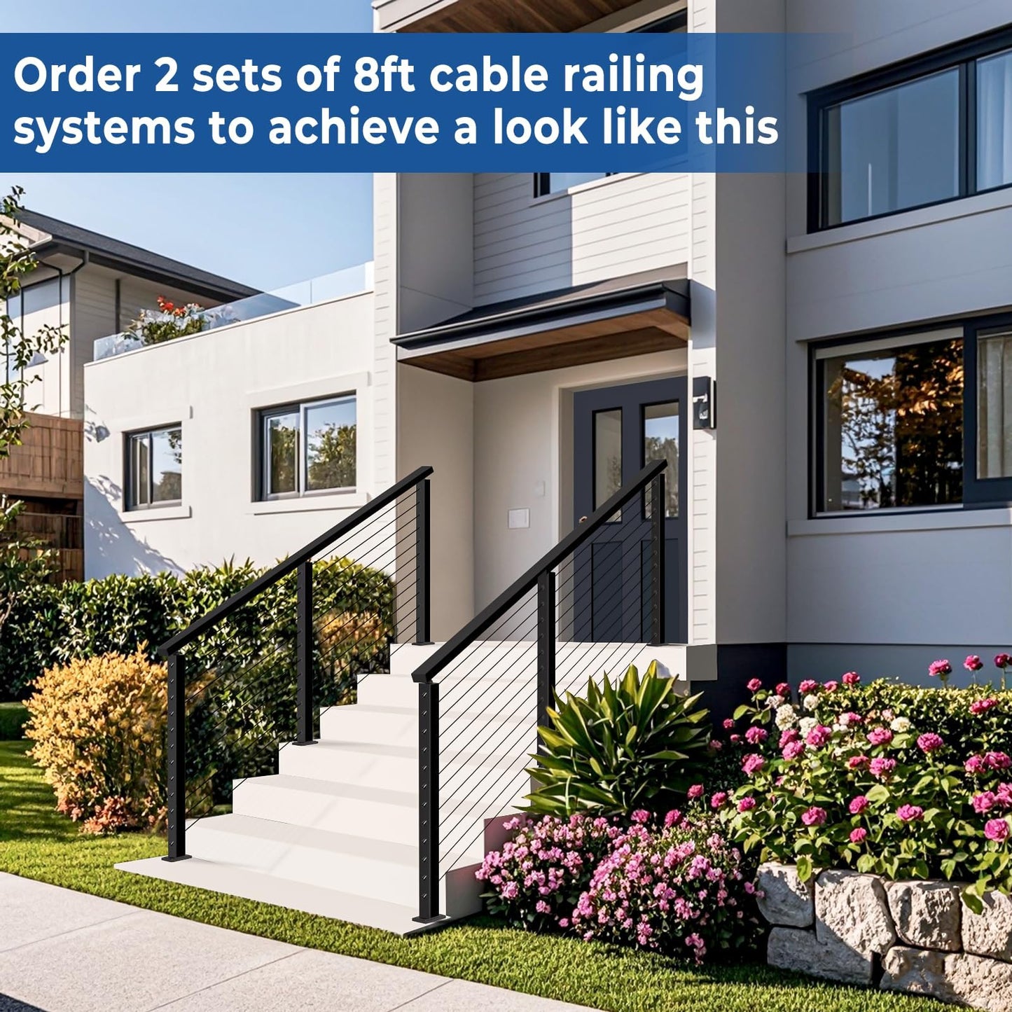 Zylorix 4ft-8ft Complete Set 33° Drilled Cable Railing System 42" with Handrail Cuttable, T304 Stainless Steel Black Angle Cable Railing Posts Kit with 1/8" Cable Railing Hardware for 28-38° Step