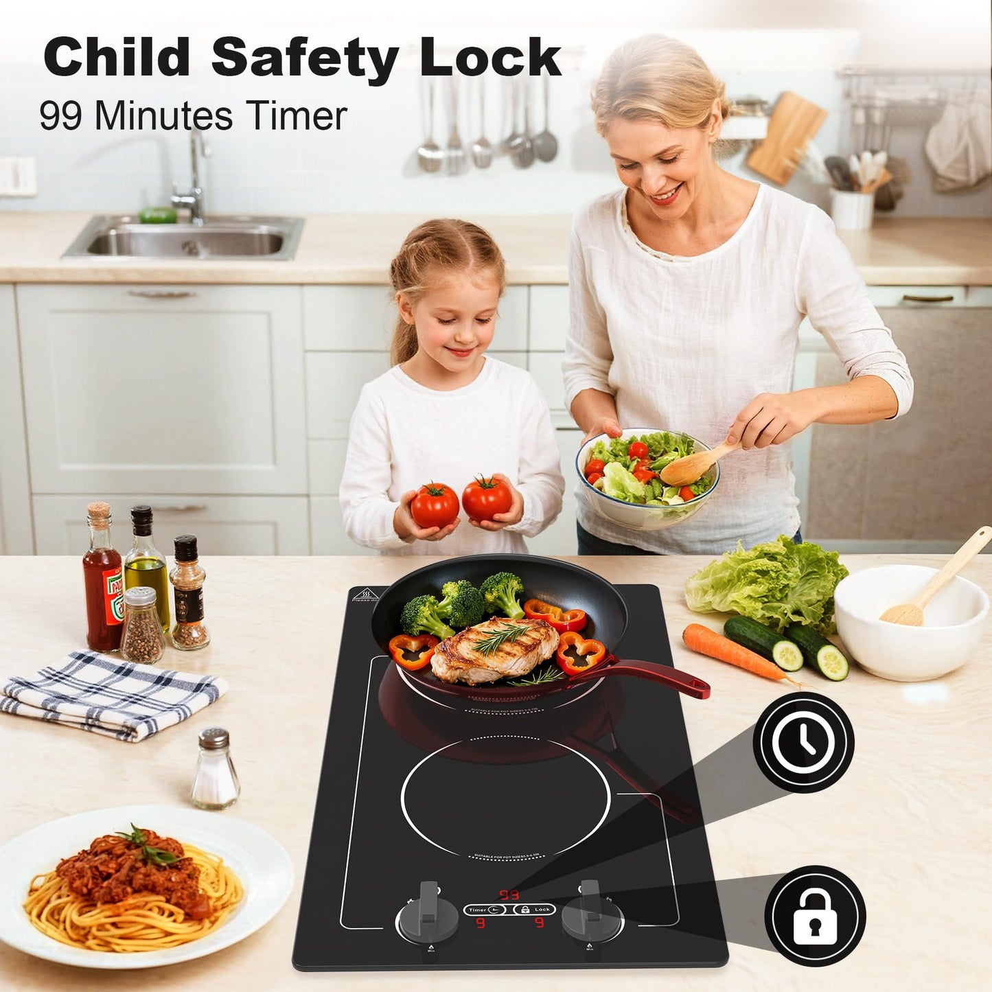 VBGK Induction Cooktop,110V 2300W 2 burner hot plate with Knob Control,9 Power Levels, Kids Lock & Timer,LED touch control,Overheat Protection Electric stove,2 burner induction cooktop