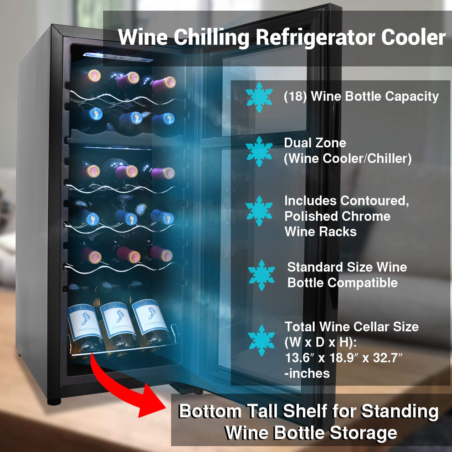 NutriChef 18 Bottle Wine Fridge | Dual Zone Wine Chiller | Adjustable Temperature 41°F to 64°F | Ultra Quiet Operation | Wine Cooler For Home & Office | Free Standing 32x13x19 IN | Black