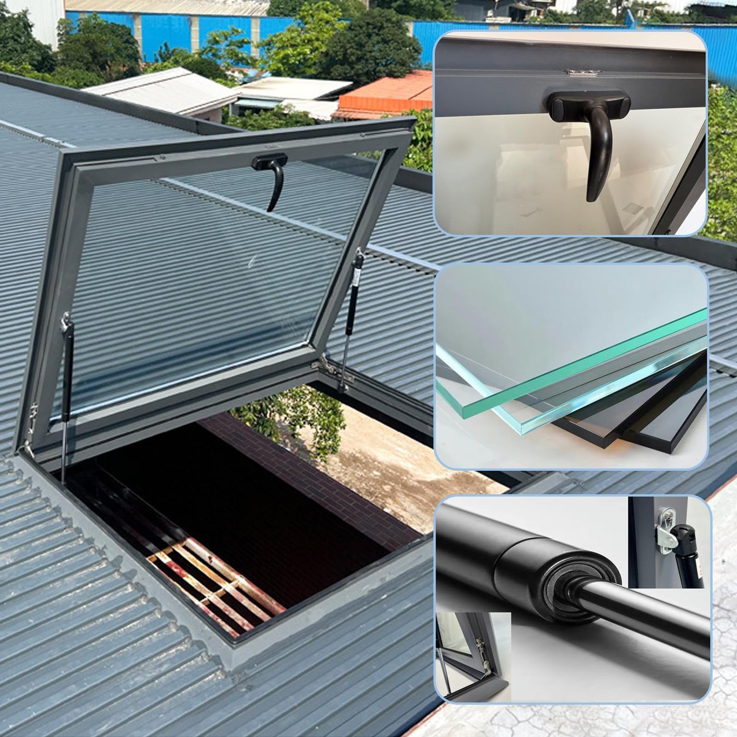 Skylight House Roof Window, Underground Lighting Well Window with Double Layer Tempered Glass, Flush Mount Roof Access Hatch Security Door, Venting Deck Viewing Window Cover for Sunroom (58cm/22.8in)