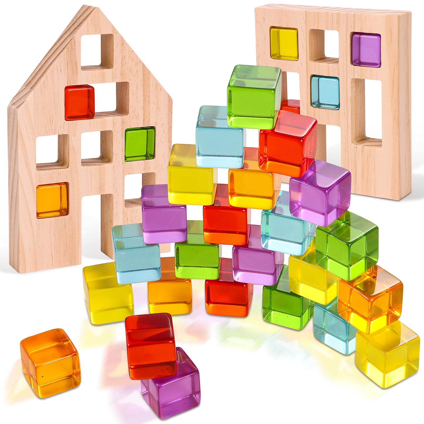 Woodtoe Wooden Baby Walker for Toddlers, Adjustable Speed Push Toys for Babies Learning to Walk, with Wooden Building Blocks Set for Kids, 24 PCS Rainbow Gem Cubes Stacking Blocks