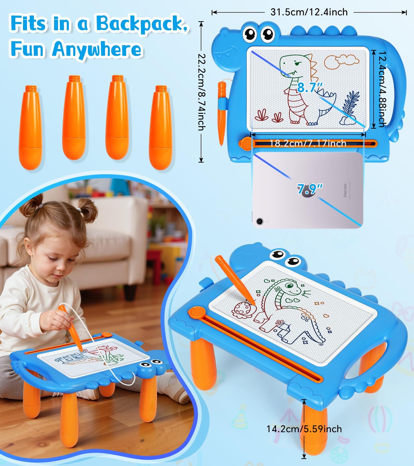 AiTuiTui Magnetic Drawing Board for Toddlers 1–3, Cute Dinosaur Doodle Board with Detachable Legs & Carry Handle, No Stamp Mess-Free Writing Pad, Safe Educational Toy for Kid Boys & Girls Gift, Blue