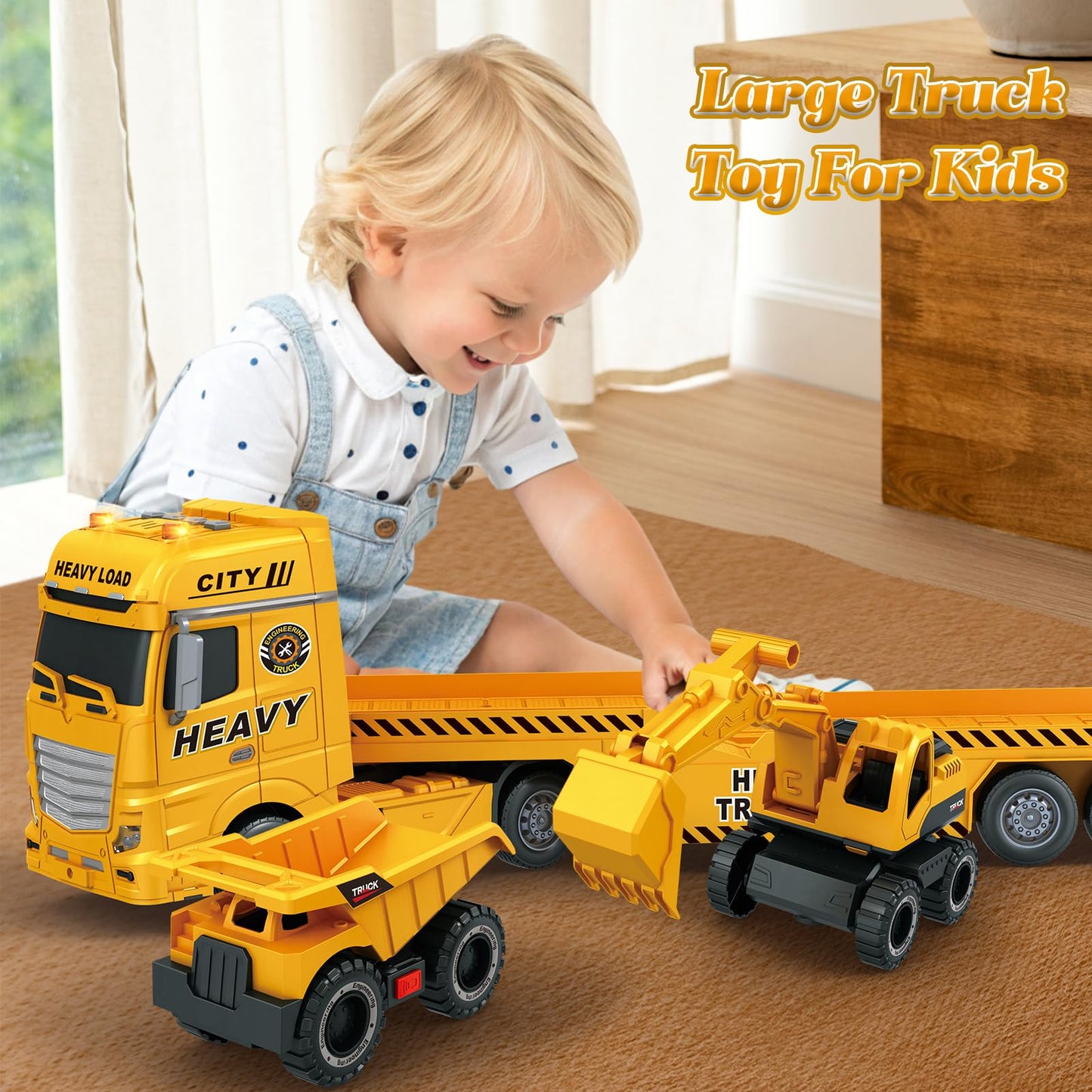 lonfypeng 3-in-1 Construction Truck Toy for Ages 3-6 – 25.6 Inch Extra-Large Semi-Truck with Lights & Sounds, Detachable Excavator and Light & Sound Dump Truck, Inertia Vehicle Set