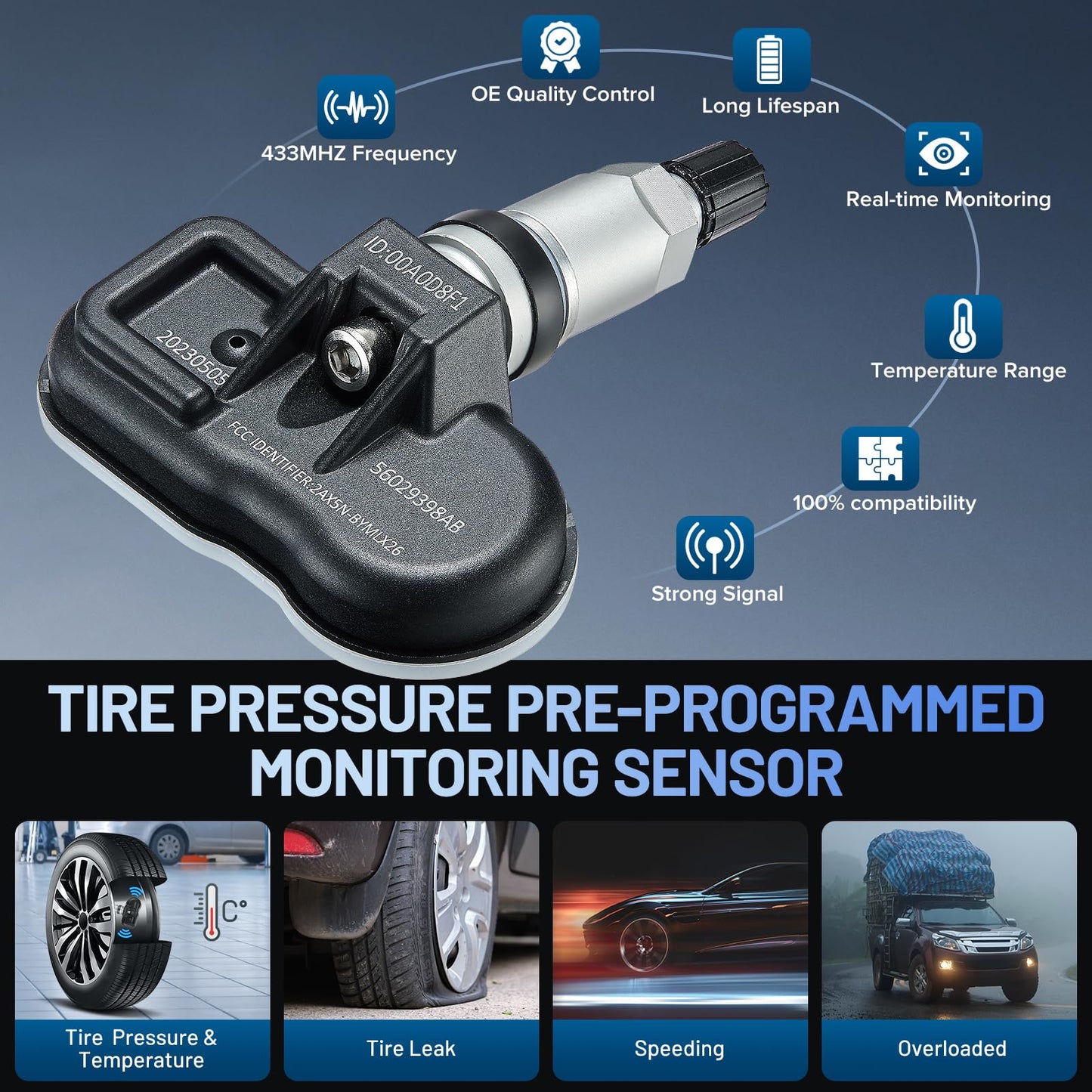 SYKRSS Upgrade TPMS Sensor, 56029400AD for GM 433Mhz Tire Pressure Monitoring Sensor Compatible with Chrysler 300, Compatible with Ram 1500 2500 3500 4500 5500, Replaces 56029398AB (4 Pack)