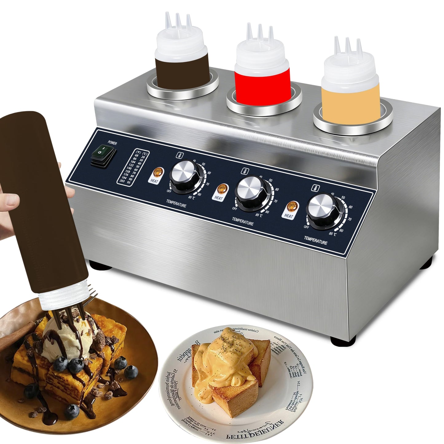 Premium Sauce Warmer - 3-Station 160W Commercial-Grade Condiment Warmer with Independent Temperature Control, Stainless Steel