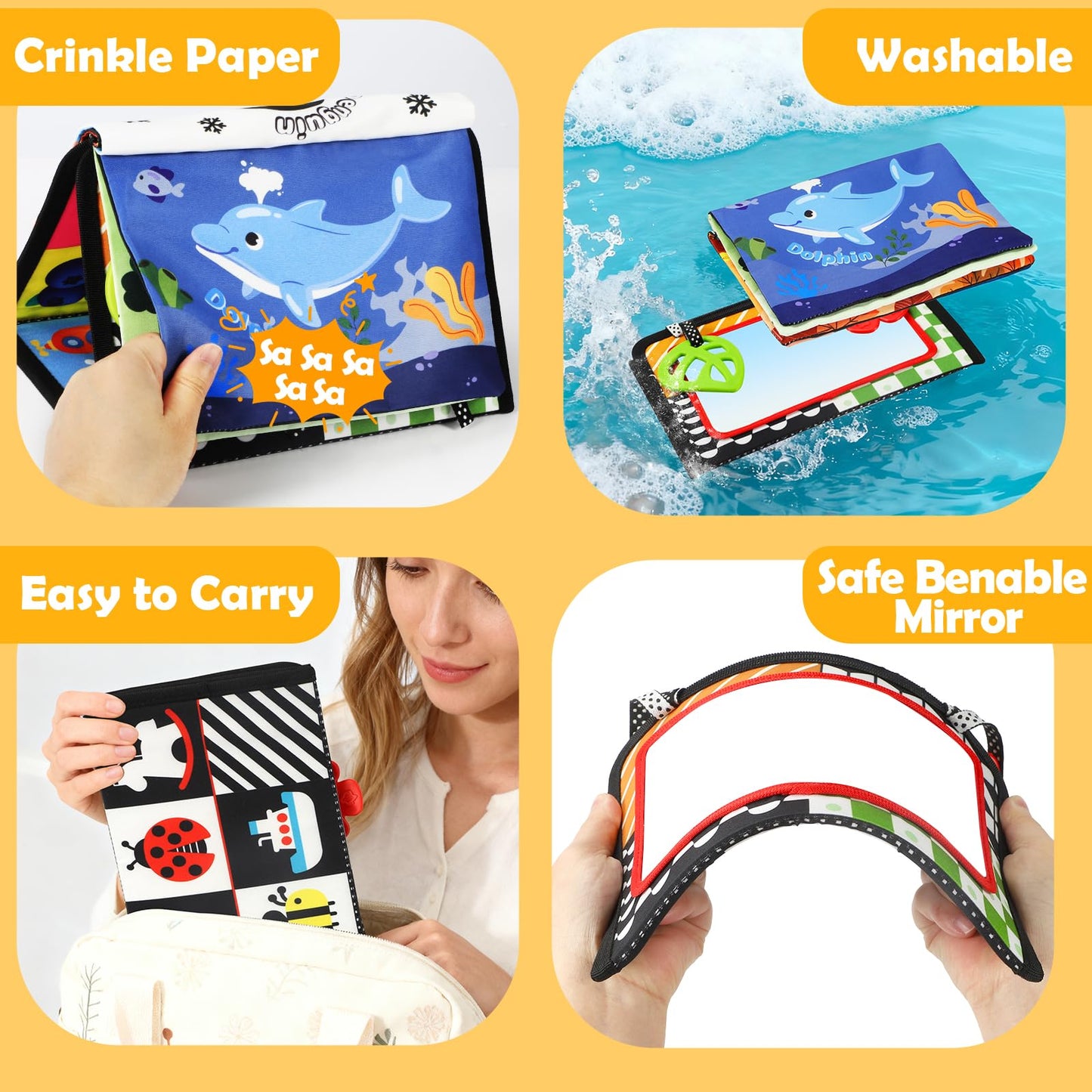 BBWOO Tummy Time Toys, Black and White High Contrast Baby Toys for Newborn, Baby Visual Stimulation Mirror, Montessori Crinkle Book for Infant 0-3-6-12 Months, Boy Girl Shower Gift