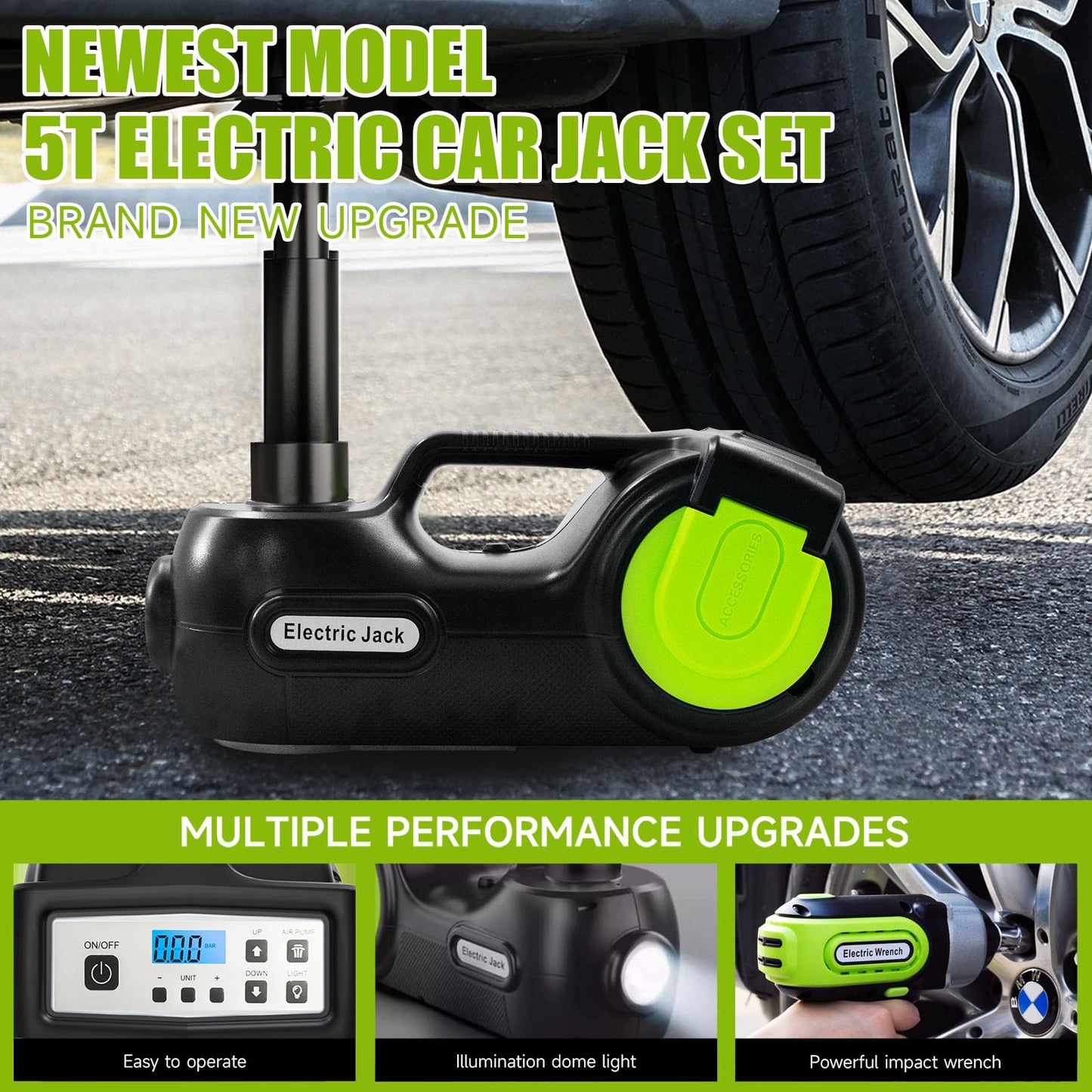 E-HEELP Electric Car Jack Kit 5 ton 12V Hydraulic Car Jack Lift (Lifting Range: 5.3-14.17inches) with Impact Wrench Inflator Pump for Car SUV Sedan MPV, LCD Display and Tire Pressure Monitor