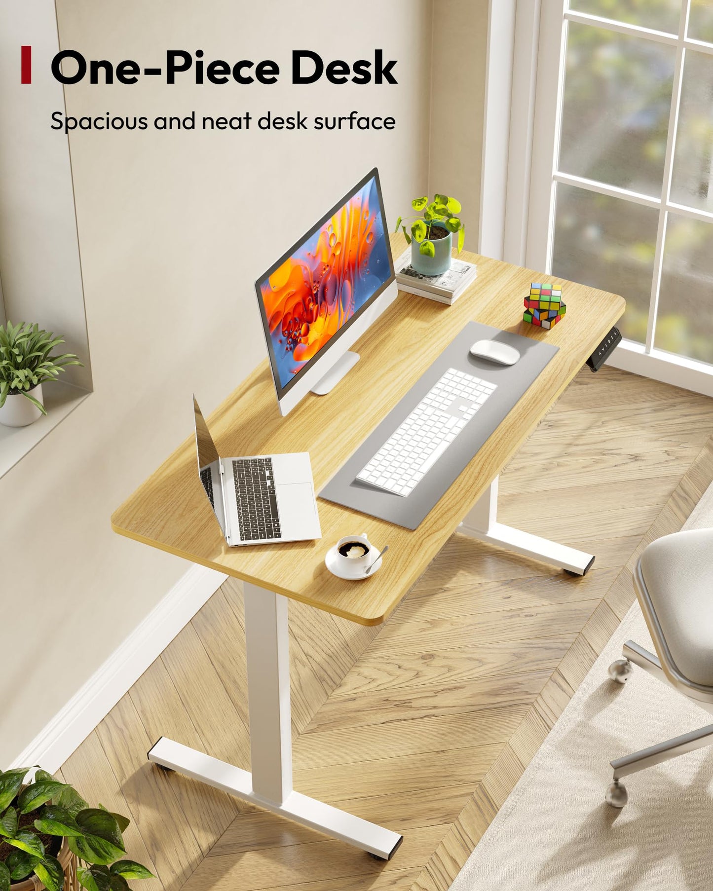 SANODESK Electric Standing Desk 48 x 24 Inches Whole-Piece Desktop Height Adjustable Stand Up Desk w/6-Button Controller Ergonomic Computer Desk for Home Office, White Frame + Natural Tabletop