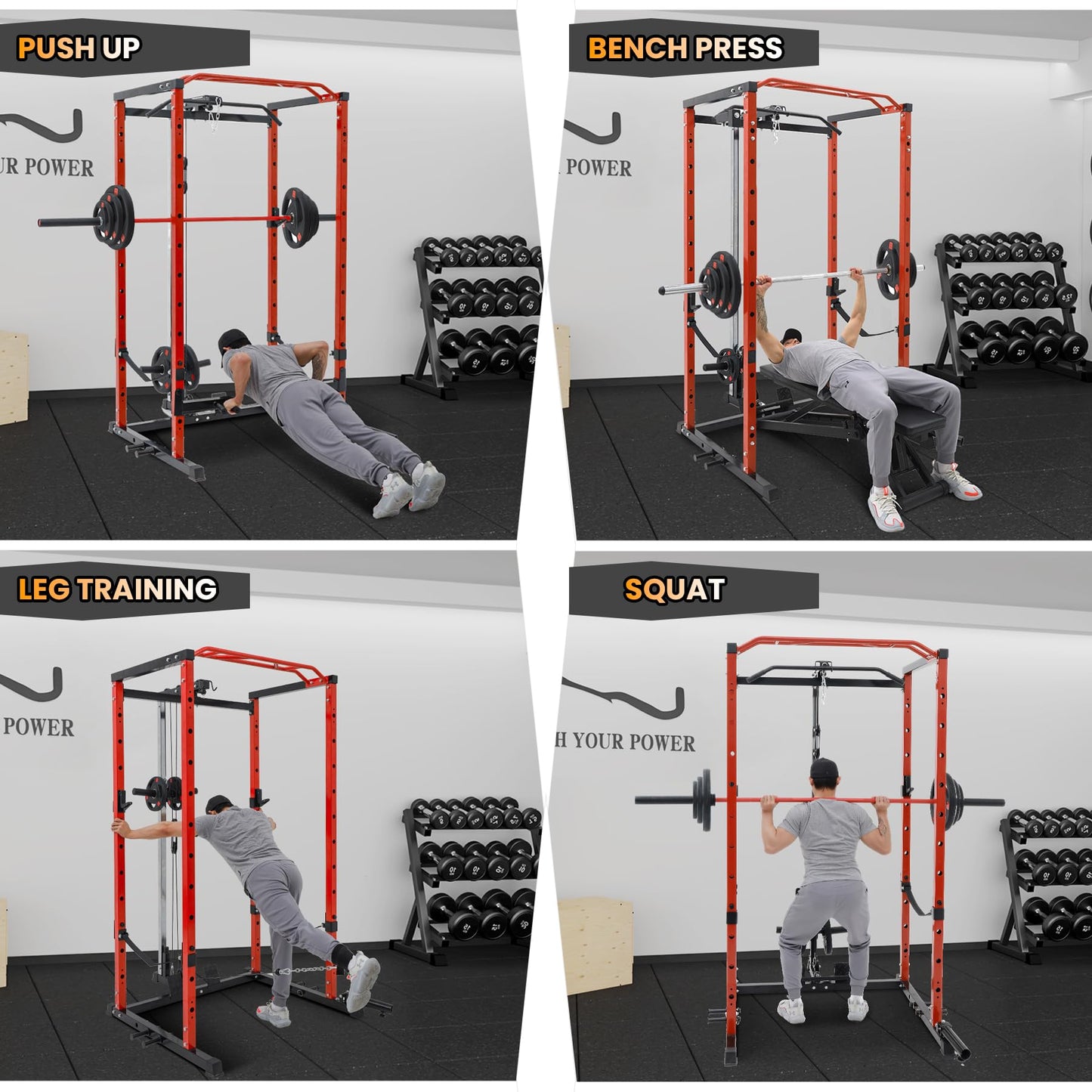 Power Cage with LAT Pulldown Machine - Squat Rack for Home Gym, Multi-Functional Weight Cage with Cable Pulley System, Dip Bars & Landmine Attachment