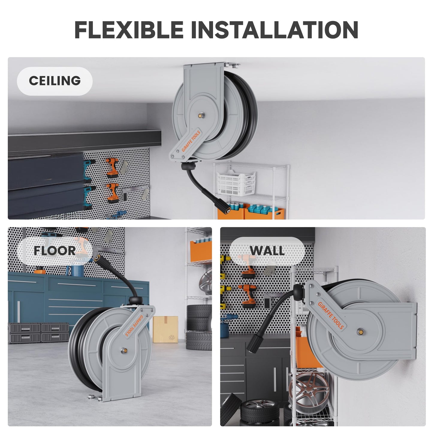 Giraffe Tools Retractable Pressure Washer Hose Reel, Wall-Mounted, 65ft Auto-Rewind Hose Storage, 3200 PSI Heavy-Duty Steel