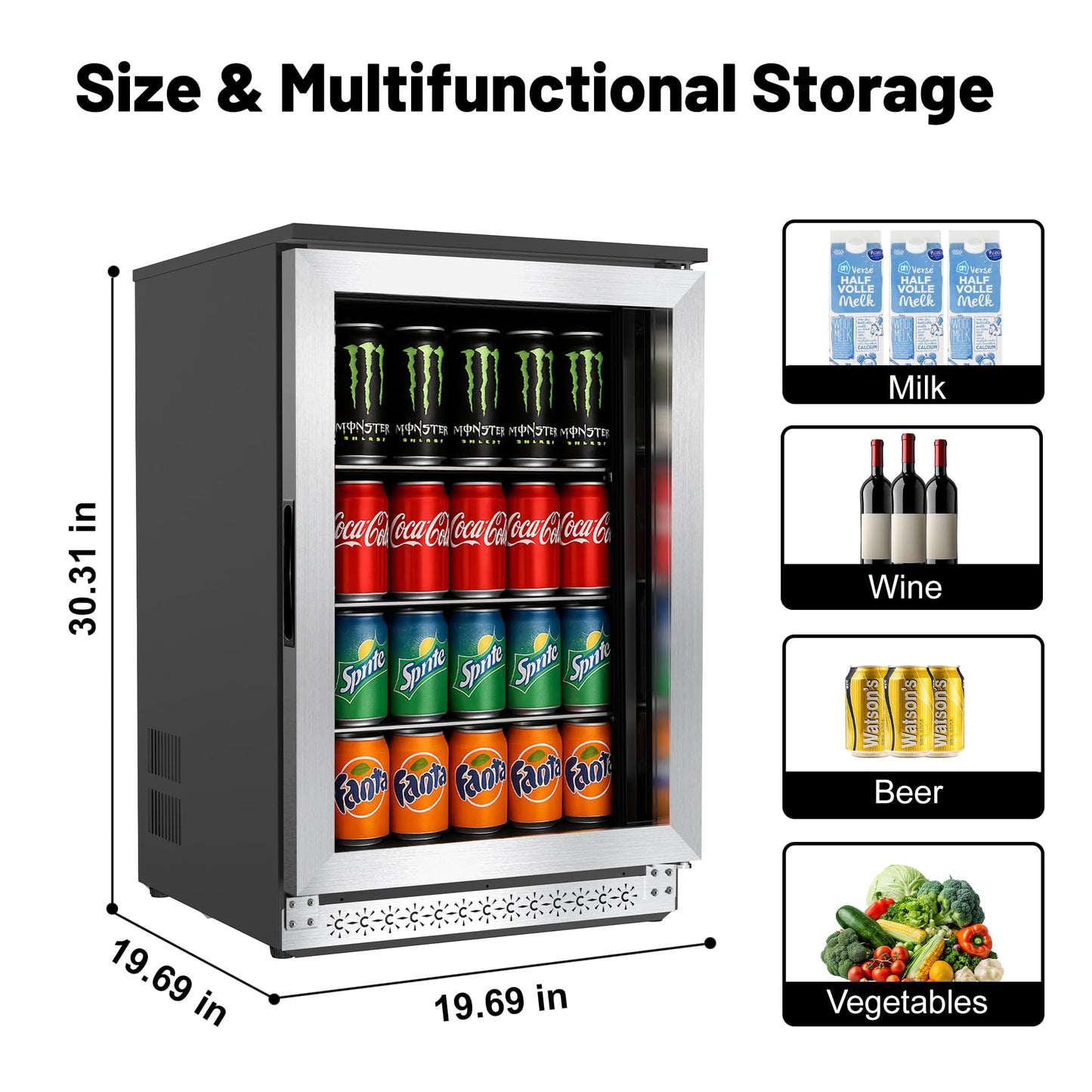 ChillFoce 20 Inch Under Counter Beverage Fridge with Glass Door, Beverage Refrigerator Cooler 120 Can,Built in or Freestanding,Fast Cooling,Quiet ≤39 dBs,Blue LED Light Cooler for Bar, Home, Office