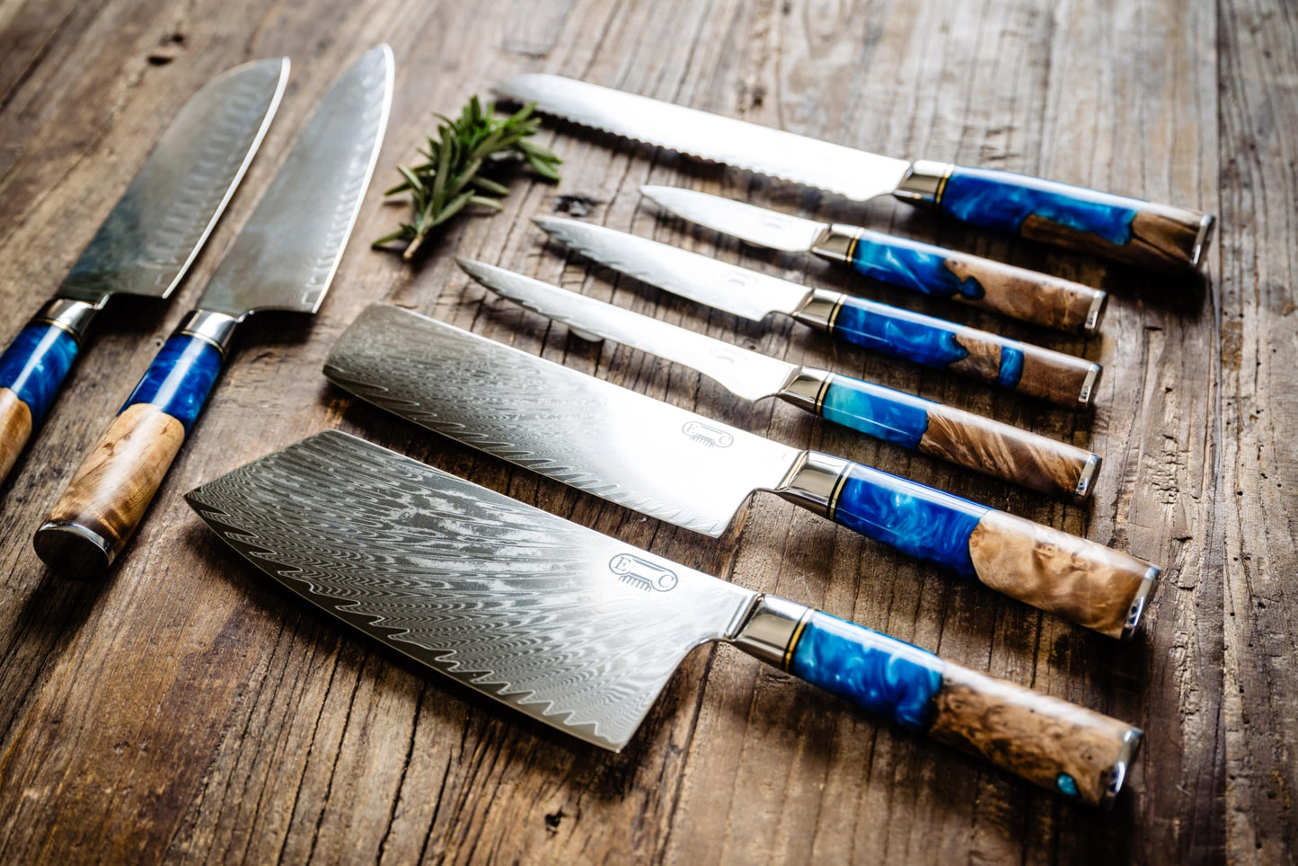 Epicurean Cook Damascus Kitchen Knife Set with VG10 Steel - 8-Piece Japanese Damascus Knife Set for Professional Performance - Ultra Sharp Chef Knives with Blue Resin Burl Wood Handles