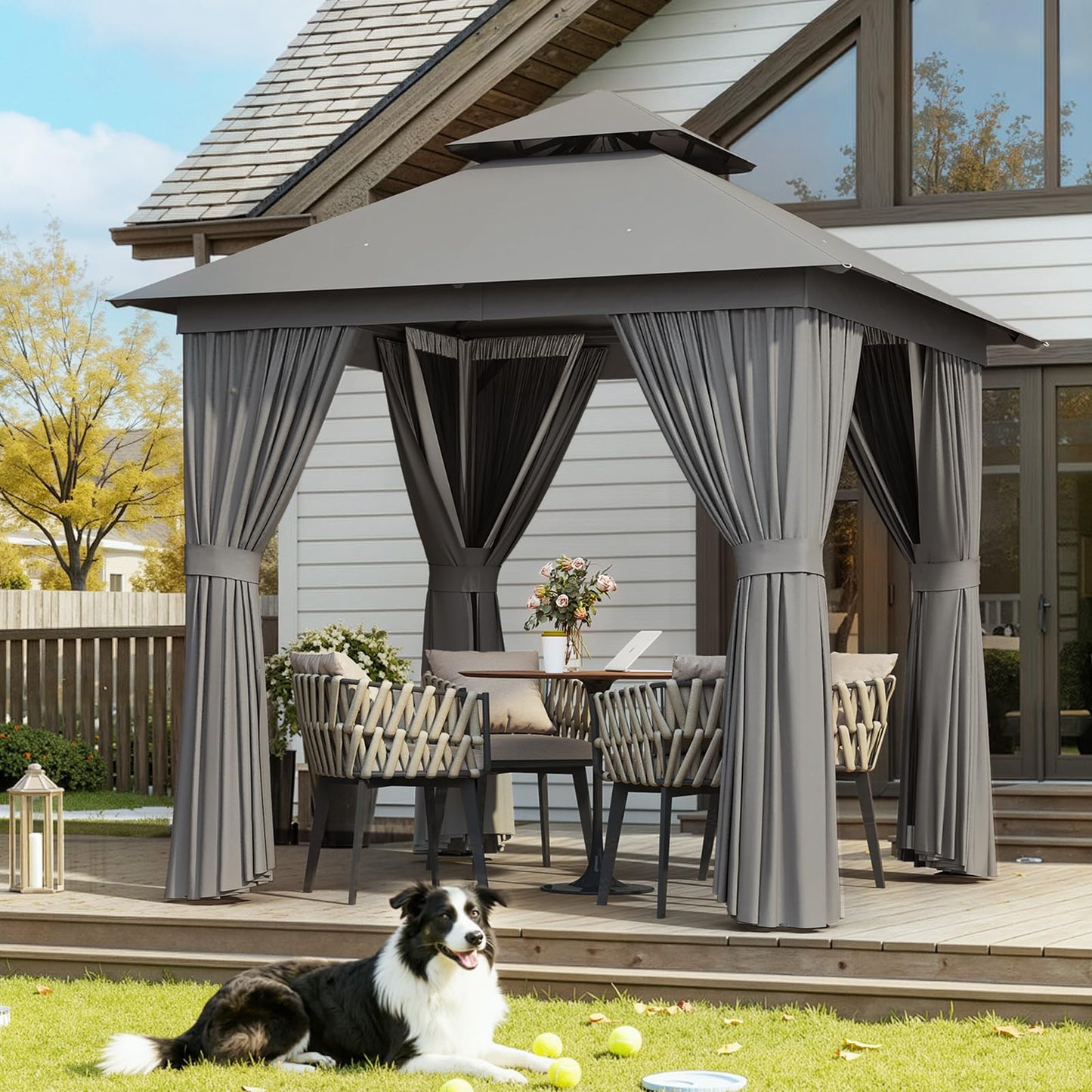 Aoxun Outdoor Gazebo for Patio 8x8, Metal Frame Canopy with Double Roofs, Heavy Duty Party Tent and Shelter with Mosquito Netting and Privacy Screen for Backyard, Lawn, Garden, Deck (Grey)