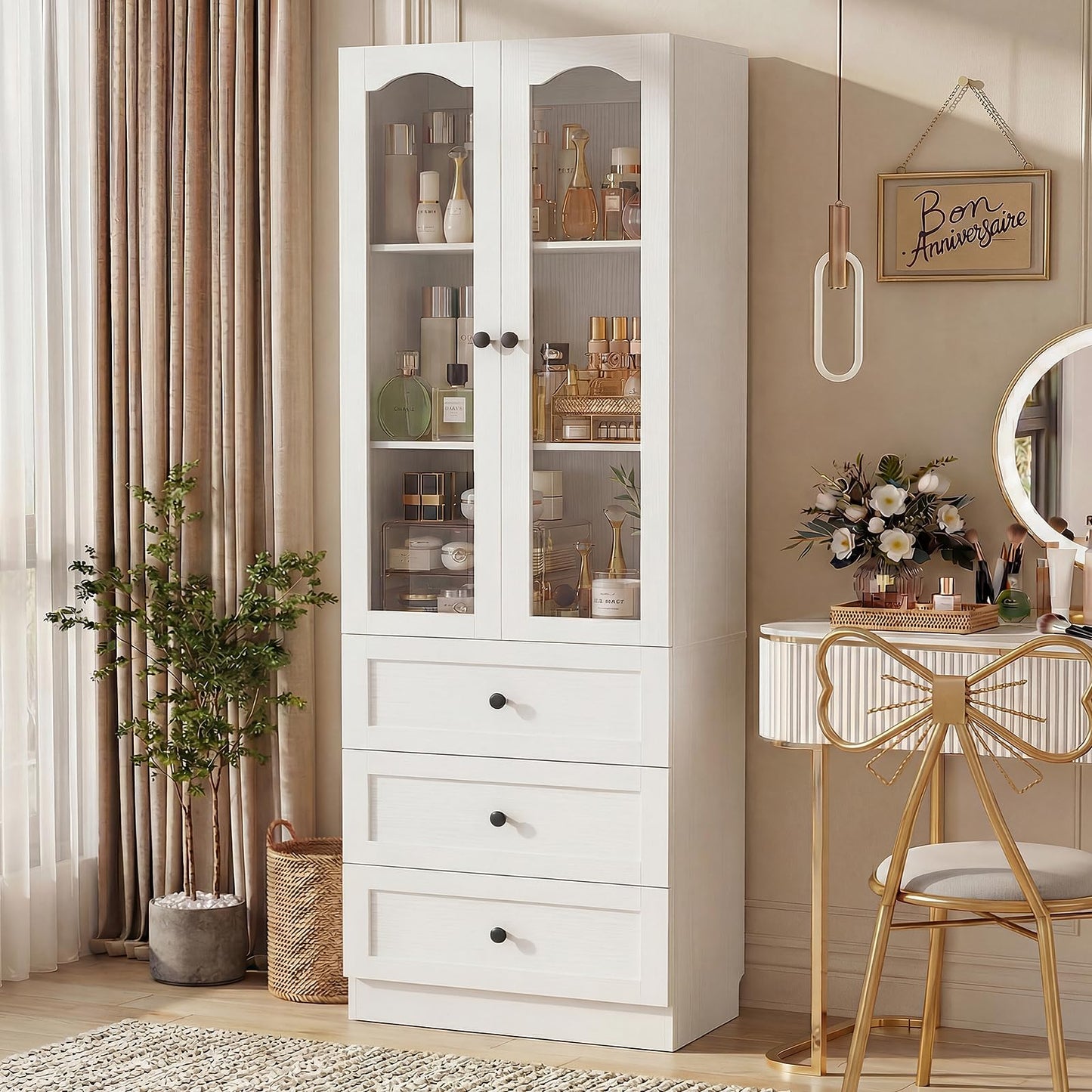 Cyclysio 80" Tall Pantry Cabinet for Kitchen Storage, 2 Set White Pantry Cabinet with Glass Doors & 3 Drawers - Freestanding Storage Bookcase with Built-in Baseboard Notch for Dining, Living Room