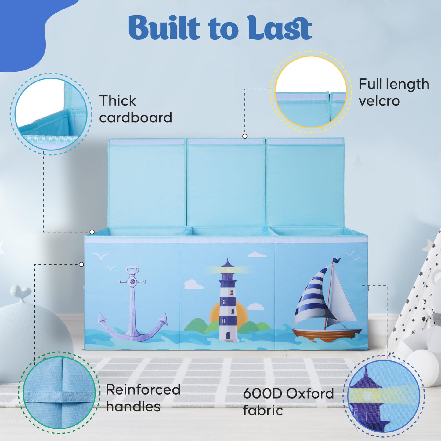 Rossoff Extra Large Collapsible Sturdy Toy Storage Organizer with Lids, Ocean Theme Toy Box for Boys & Girls, 40"x16"x16", Modern, Blue