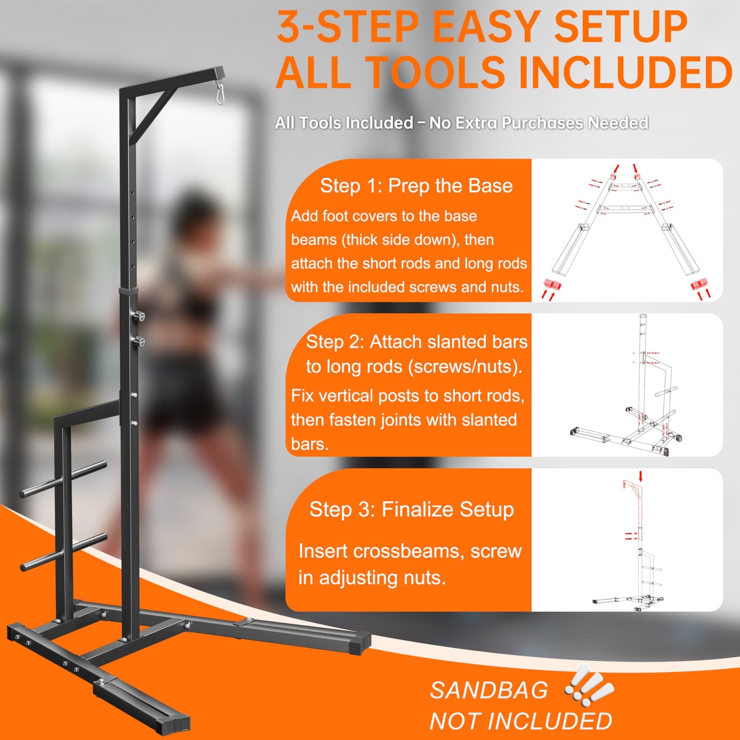 Heavy Duty Height Adjustable Heavy Bag Stand, 50 x50mm Steel Boxing Bag Stand with Weighted Base, Freestanding Punching Bag Holder for Home & Gym