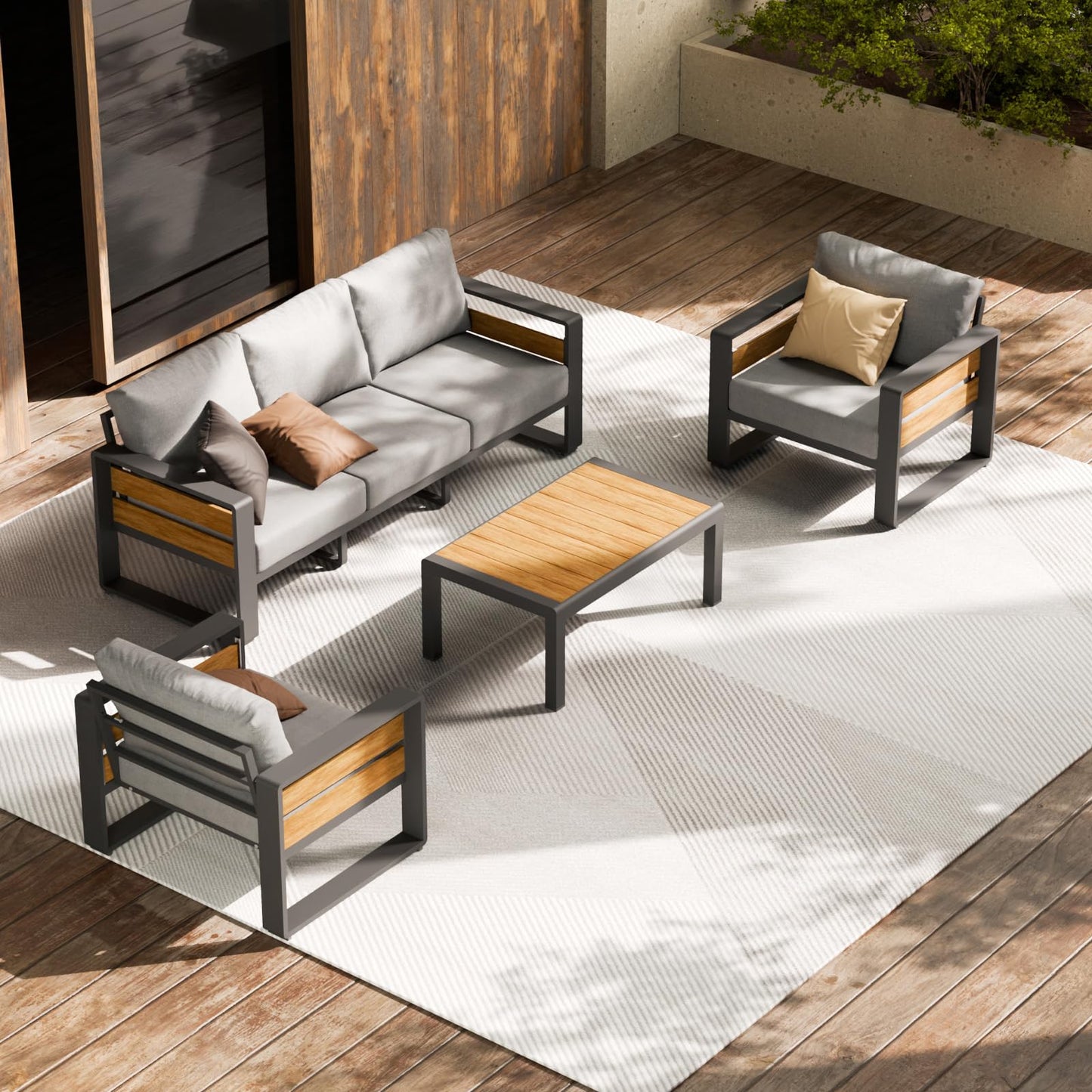 ZANDOR Aluminum Outdoor Patio Furniture Set, 4-Piece Metal Modern Outside Sectional Conversation Lawn Furniture with Coffee Table & Washable Thick Cushions,Seating Sofa for Garden/Backyard/Porch Grey