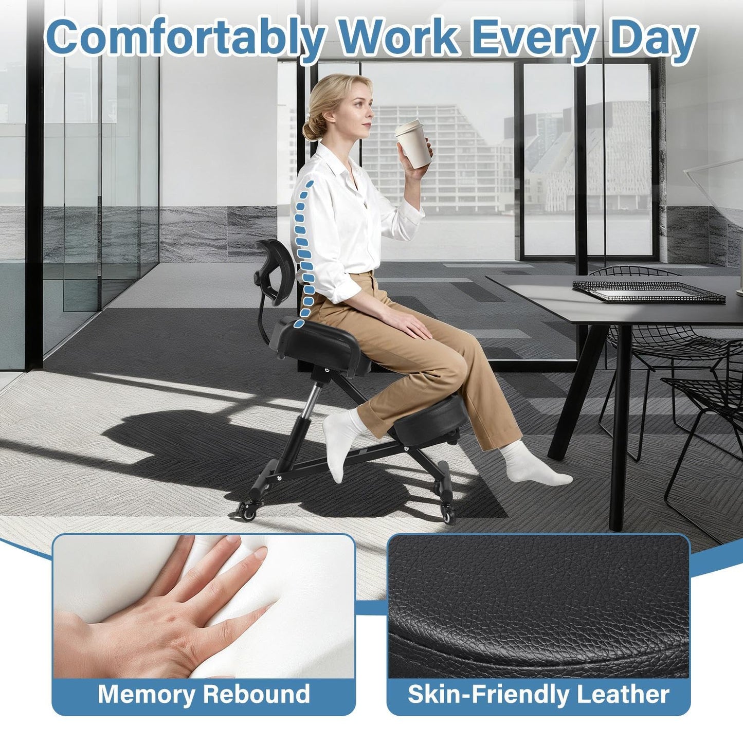 Ergonomic Kneeling Chair with Back Support, Height Adjustable Stool for Home and Office, PU Kneeling Chair for Desk to Relieve Back Discomfort, Thick Moulded Foam Cushions Brake Casters