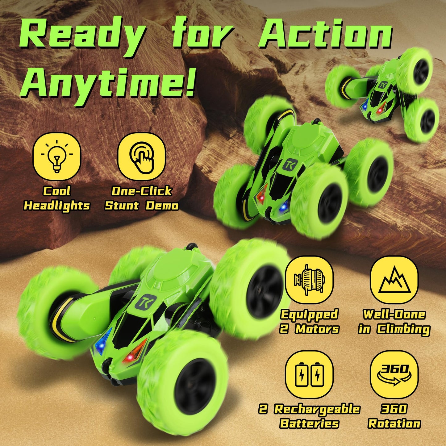 Threeking Remote Control Car RC Flip Stunt Double Sided Driving Cars Toys for Boys Girls Ages 6-12, 4WD 360° Flips with Breathing Soft Lights, Presents Gifts, Green