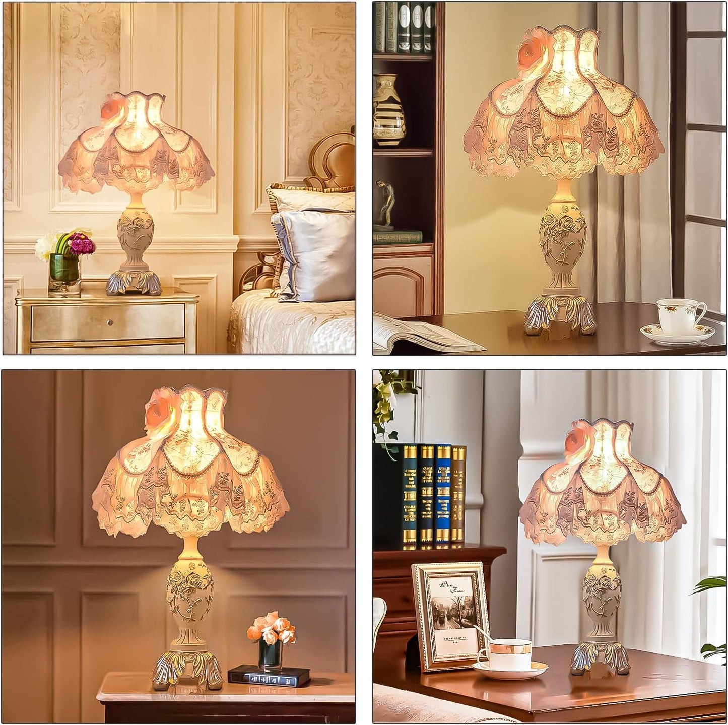 SANDYHA Pink European Style Desk Lamp with Fabric Shade,Victorian Table Lamp with E27 Bulb and Button Switch European Vintage Lamps for Bedroom Living Room Office Study