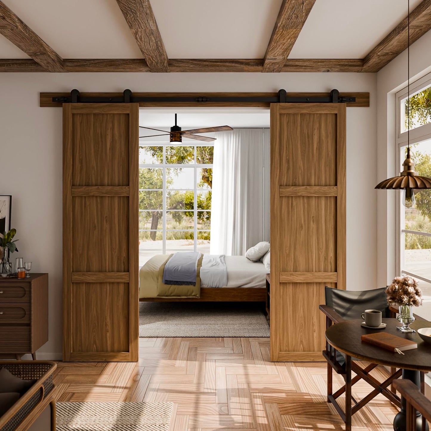 CCJH 11FT Sliding Barn Door Hardware Kit, Heavy Duty, Smoothly and Silently, Easy to Install, Fit 33" Width Double Door Panel, T-Shaped Style Black