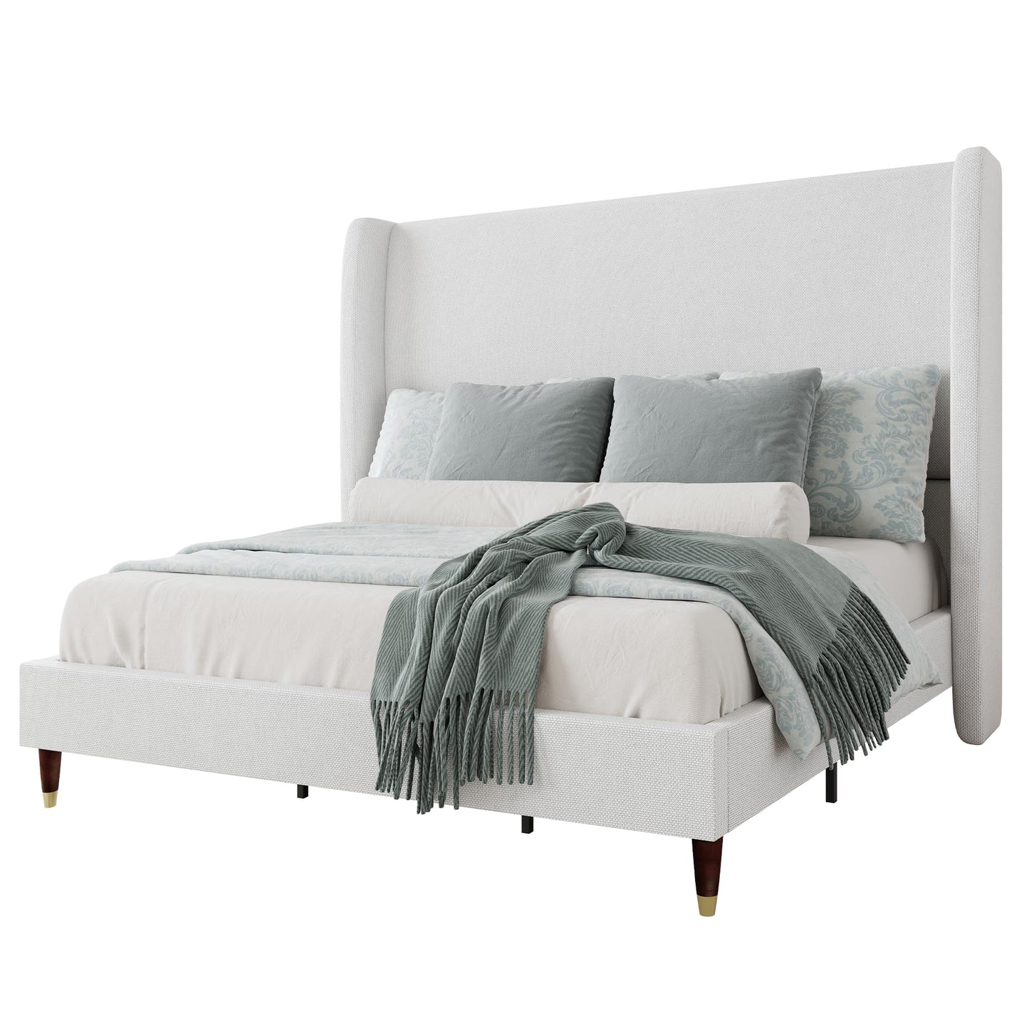 Jocisland Queen Upholstered Platform Bed Frame with 51.2" Tall Wingback Headboard–Solid Wood Legs, No Box Spring Needed, White Linen–Modern Style for Any Bedroom