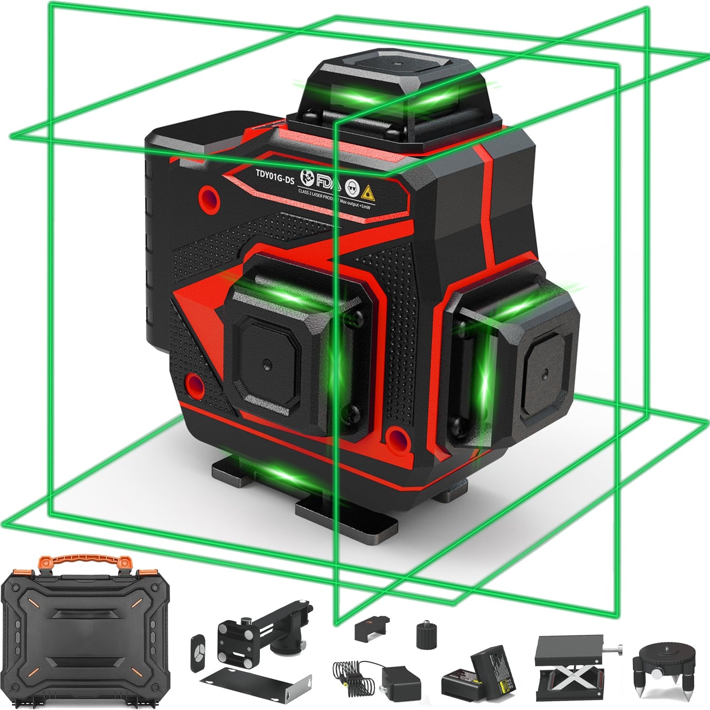 INSPIRITECH Tile Laser Level 360 Self Leveling - Floor 4 x 360 Green Beam Cross Line Laser Leveler Tool - 16 Lines Ceiling Nivel Laser for Construction - Hard-Sided Case and 2 Batteries-C