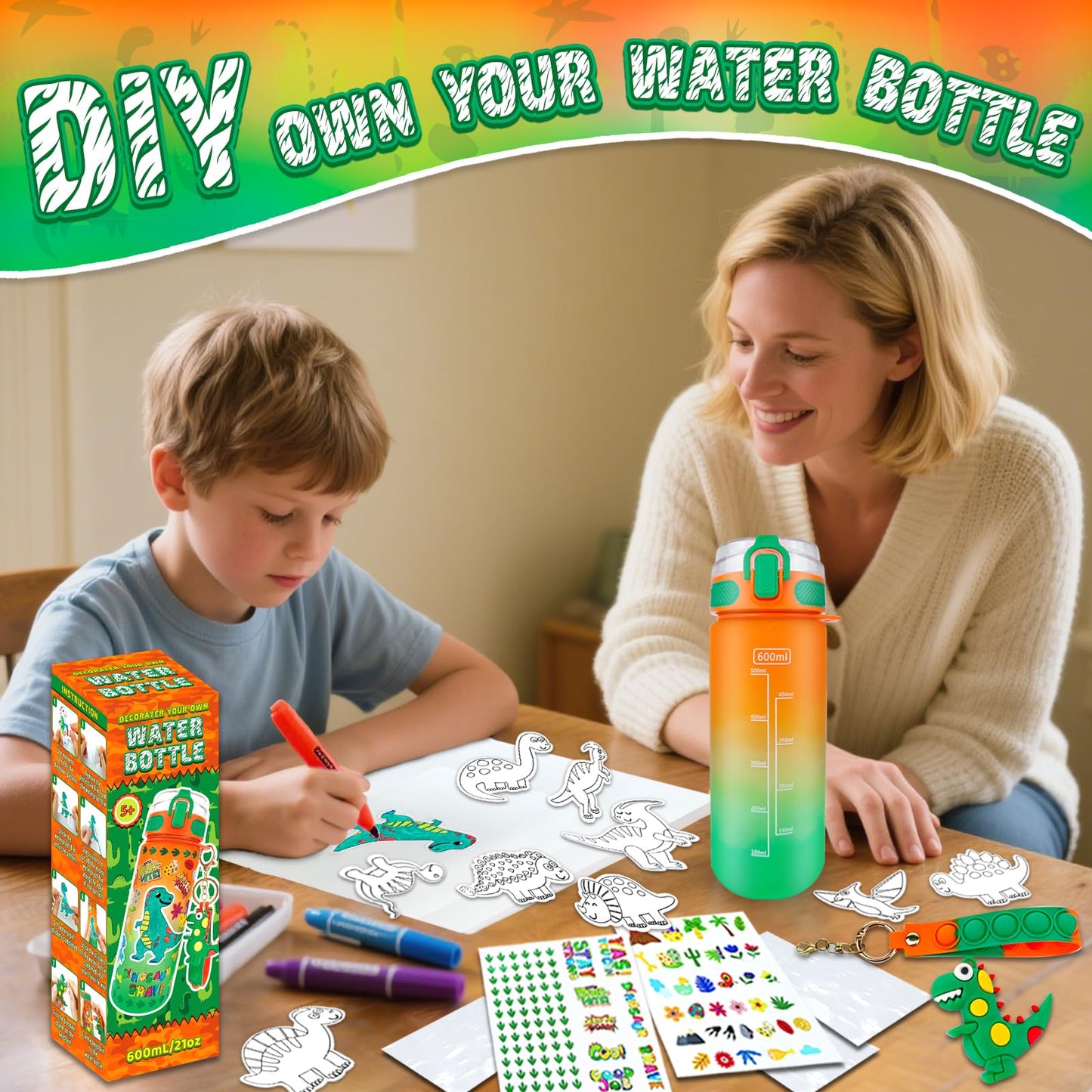 EDSPORTSHOUSE Decorate Your Own Water Bottle Kits for Boys Age 5-12,Dinosaur Painting Crafts,Fun Arts and Crafts Toys for Boys Birthday Christmas(Dinosaur)