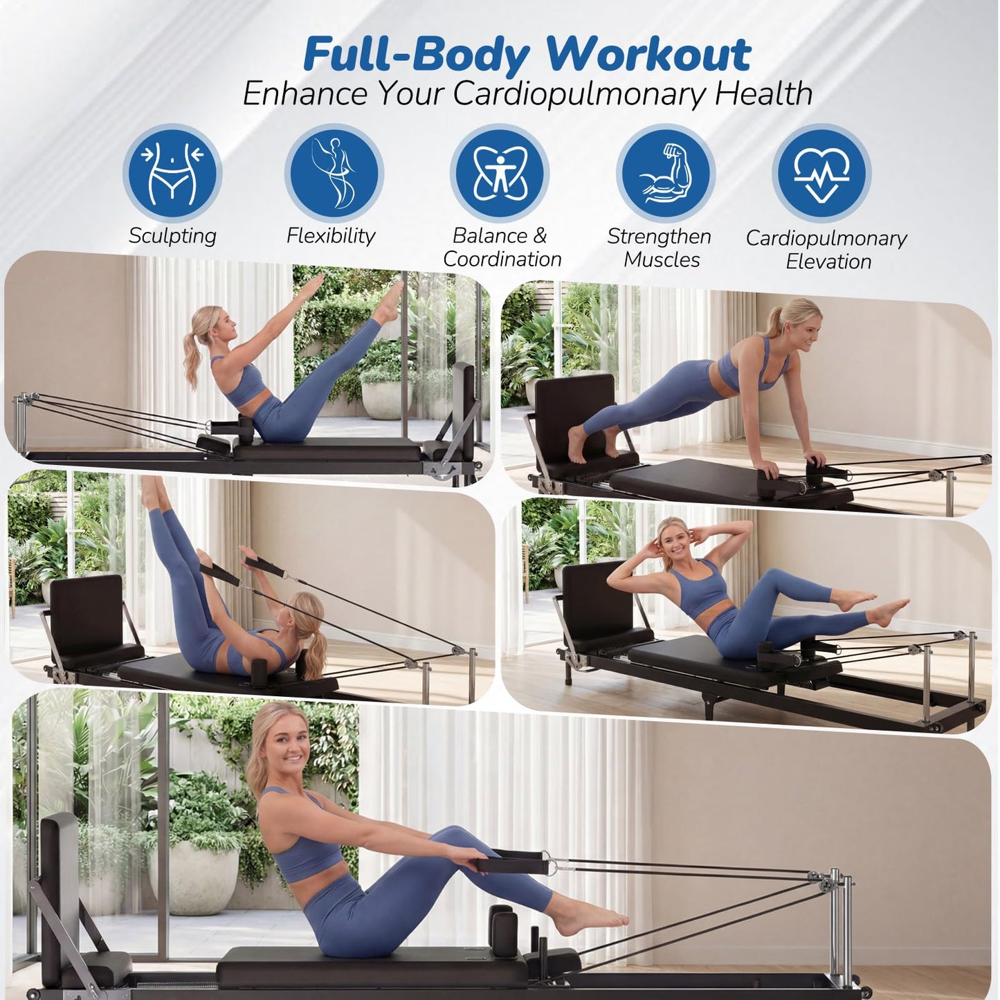AddWin Pilates Reformer, 91" Foldable Pilates Reformer Machine with Springs and Cords, Pilates Equipment for for Home Use and Studio, Suitable for Advanced and Beginners Users