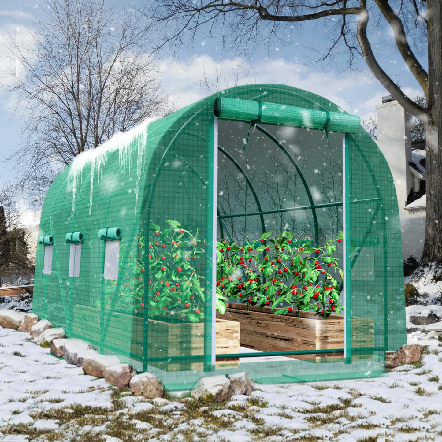 Grezone Walk-in Greenhouse Upgraded Green House with Zippered Screen Doors & 6 Screen Windows Heavy Duty Plastic Plant Warm House with Reinforced Frame (12x7x7 FT)
