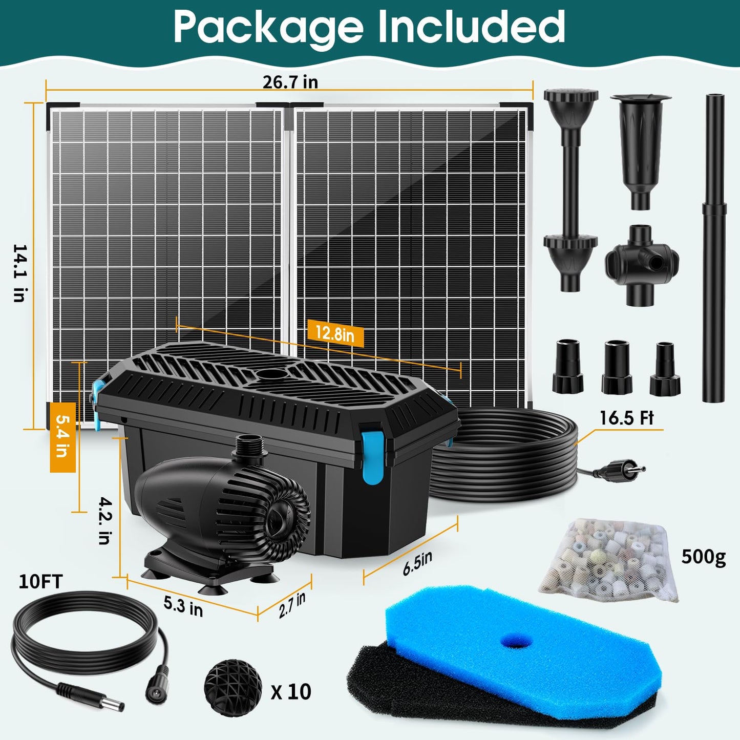 Antfraer 55W Solar Pond Filter, Solar Fountain Pump with Pond Filter Kit Adjustable Flow, Pond Filter Box with Filter Medias for Outdoor Ponds Fish Tank Pool Waterfall Koi Pond Water Features