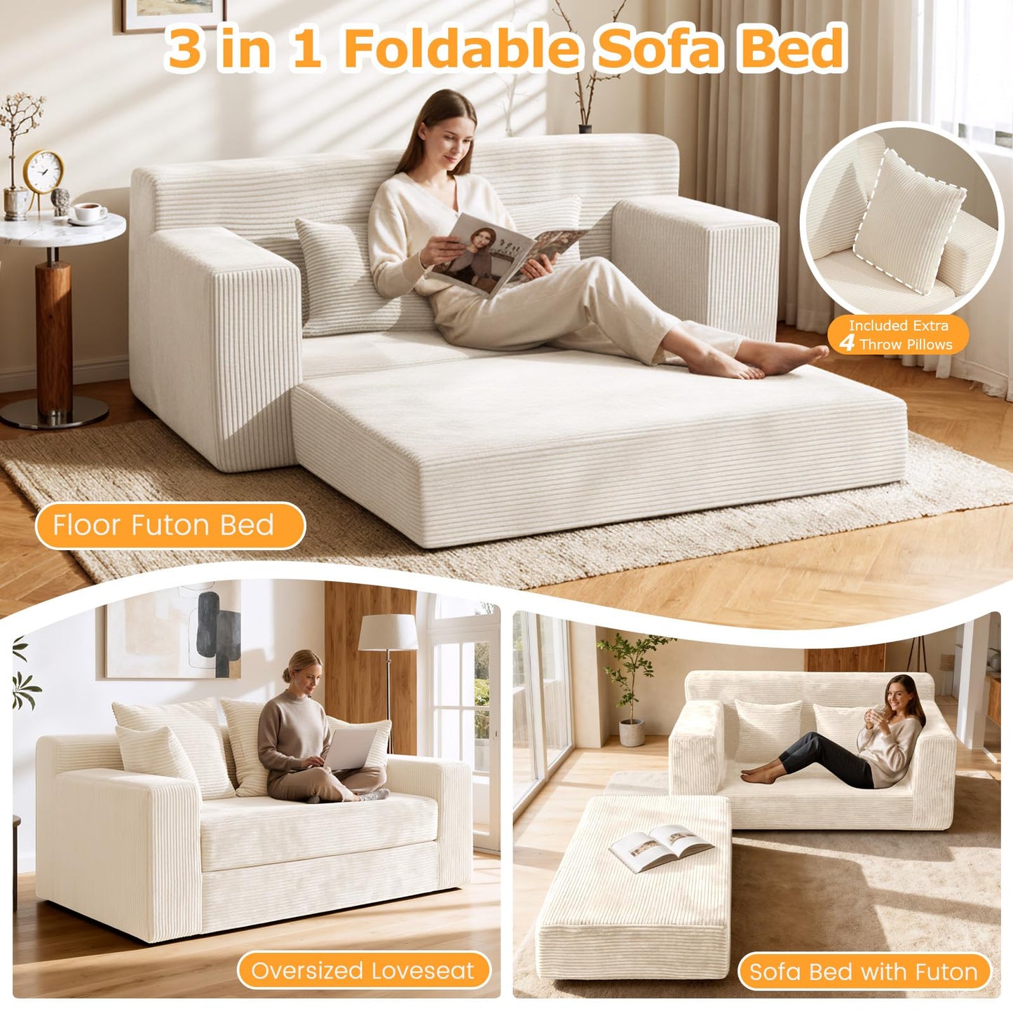 Boneless Loveseat Sleeper Sofa Bed, 3-in-1 Convertible Sofa Bed and Floor Futon with 4 Pillows, 55" Beige Boneless Couch for Living Room, Guest Room, Small Space, No Assembly Required, Corduroy