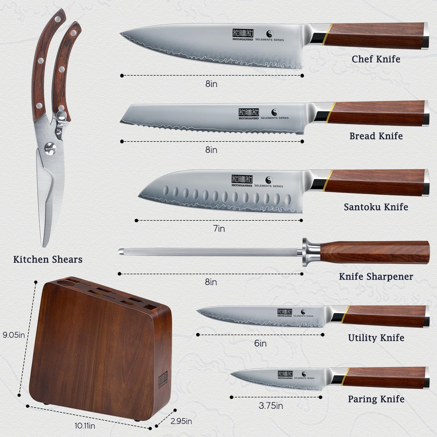 HOSHANHO 8 Pieces Knife Set with Magnetic Block, Ultra-Sharp High-carbon Steel Kitchen Knife Set, Professional Knife Block Set with Ergonomic Wooden Handle & Sharpener