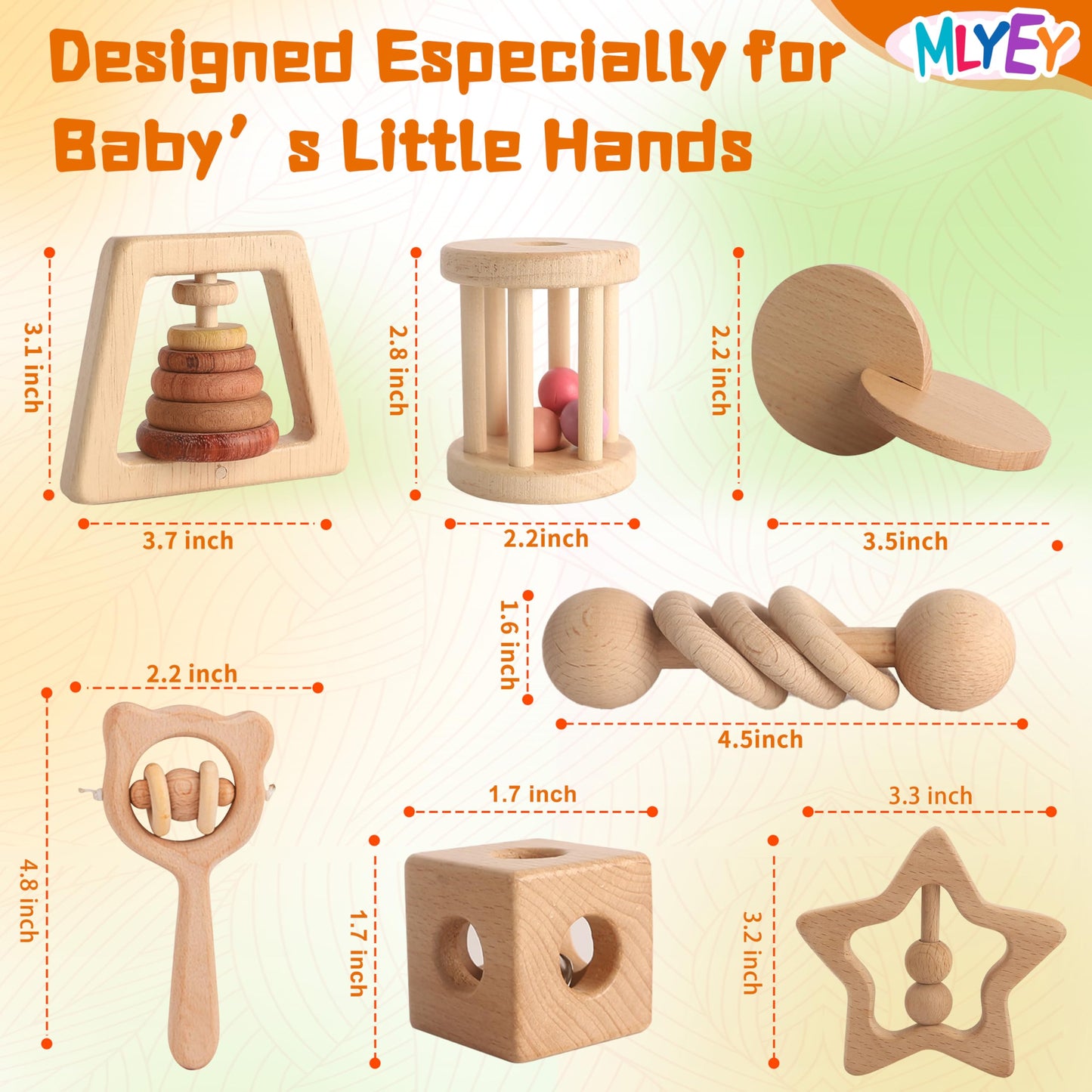 Wooden Rattles for Baby, 7PCS Wooden Montessori Toys for 7-24 Months Baby Boy Girl, Natural Beech Wood Grasping Toy, Gift for Babies