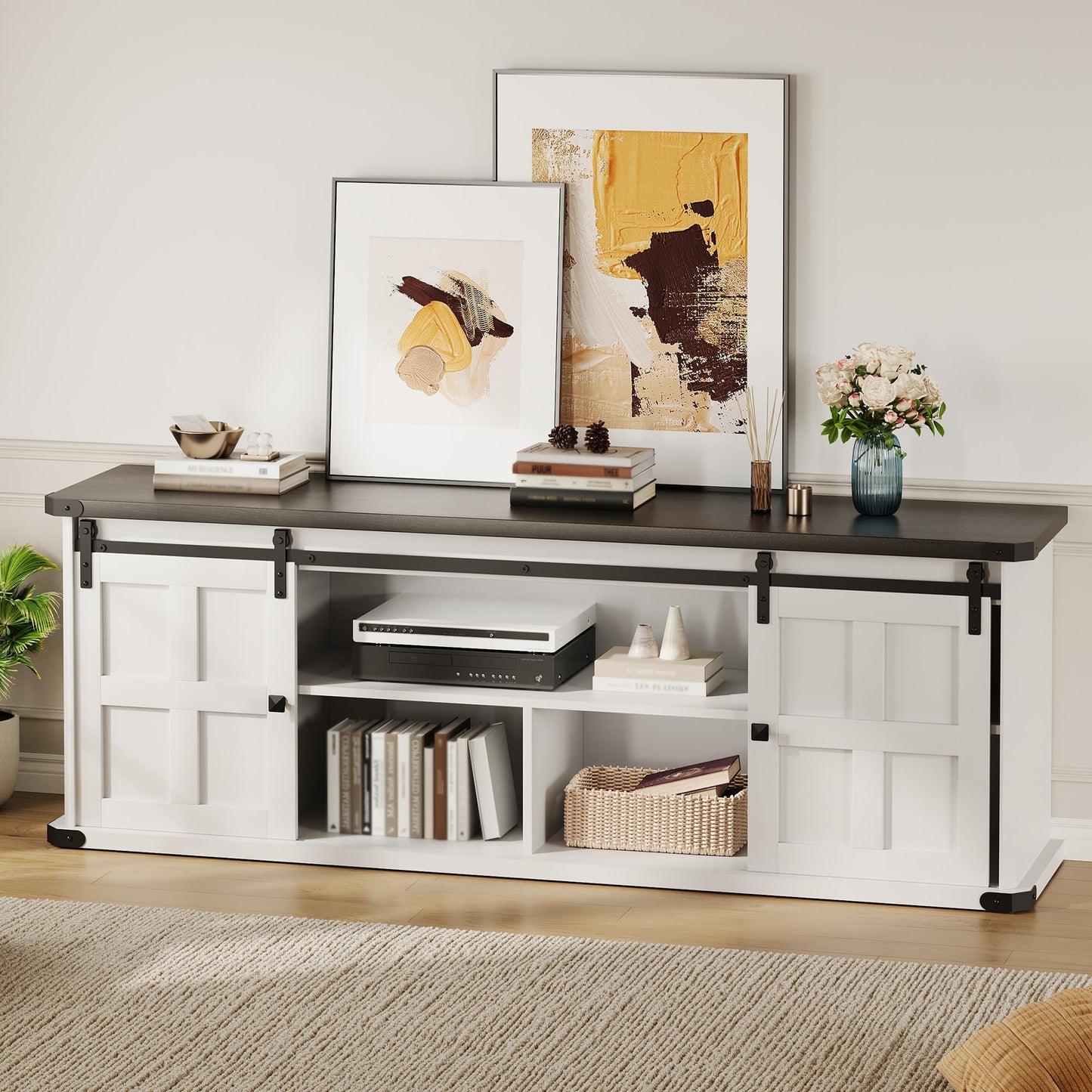 GAOMON 70" Farmhouse TV Stand for 80/75/70 Inch TVs,Entertainment Center Storage Cabinets w/Power Outlets and Sliding Barn Door,Rustic TV Stands for Living Room,Media Console Cabinet (Black/White)
