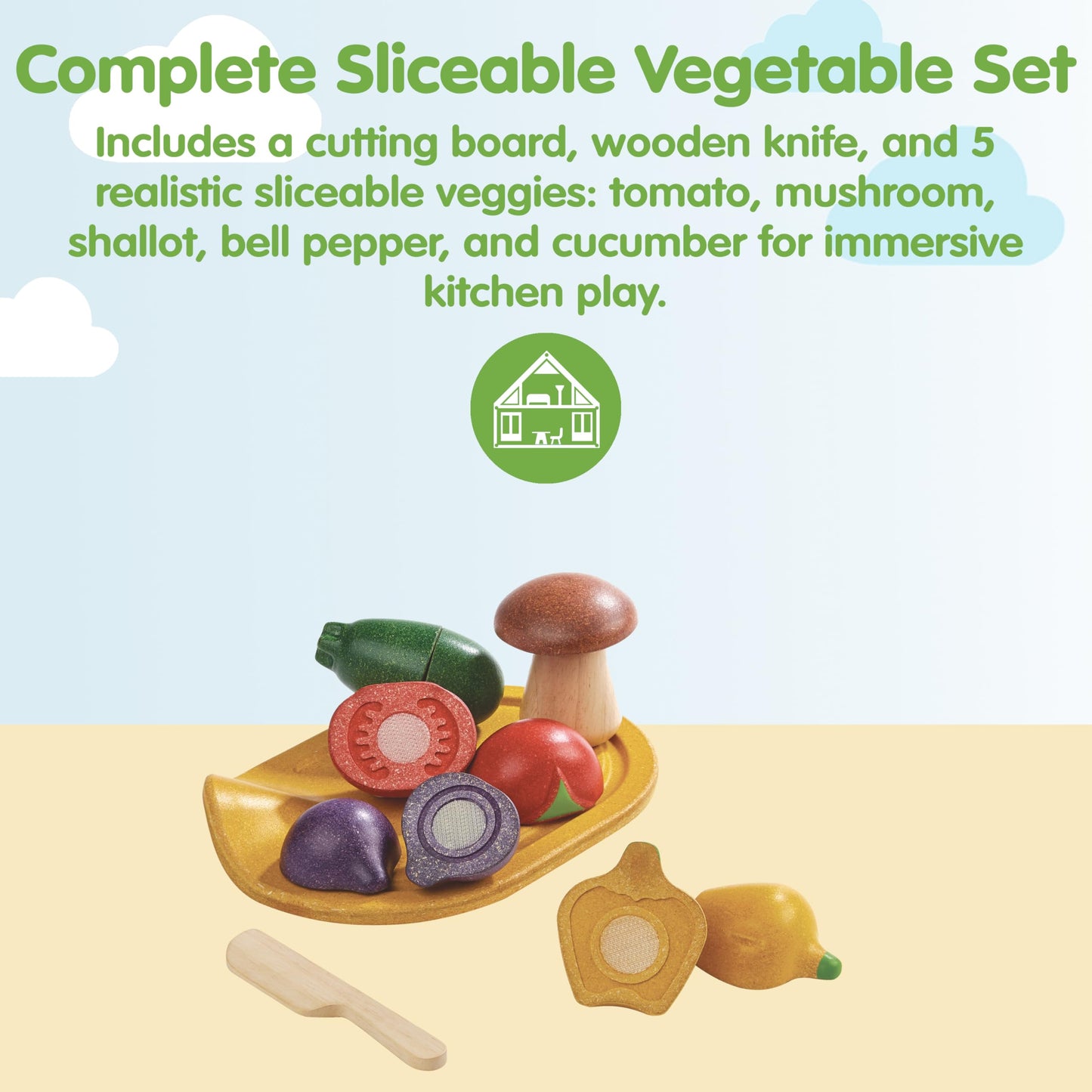 PlanToys® Wooden Assorted Vegetable Set | Montessori Play Food for Toddlers | Includes Tomato, Mushroom, Shallot, Bell Pepper & Cucumber with Tray & Knife | Eco-Friendly Pretend Cooking & Roleplay Toy