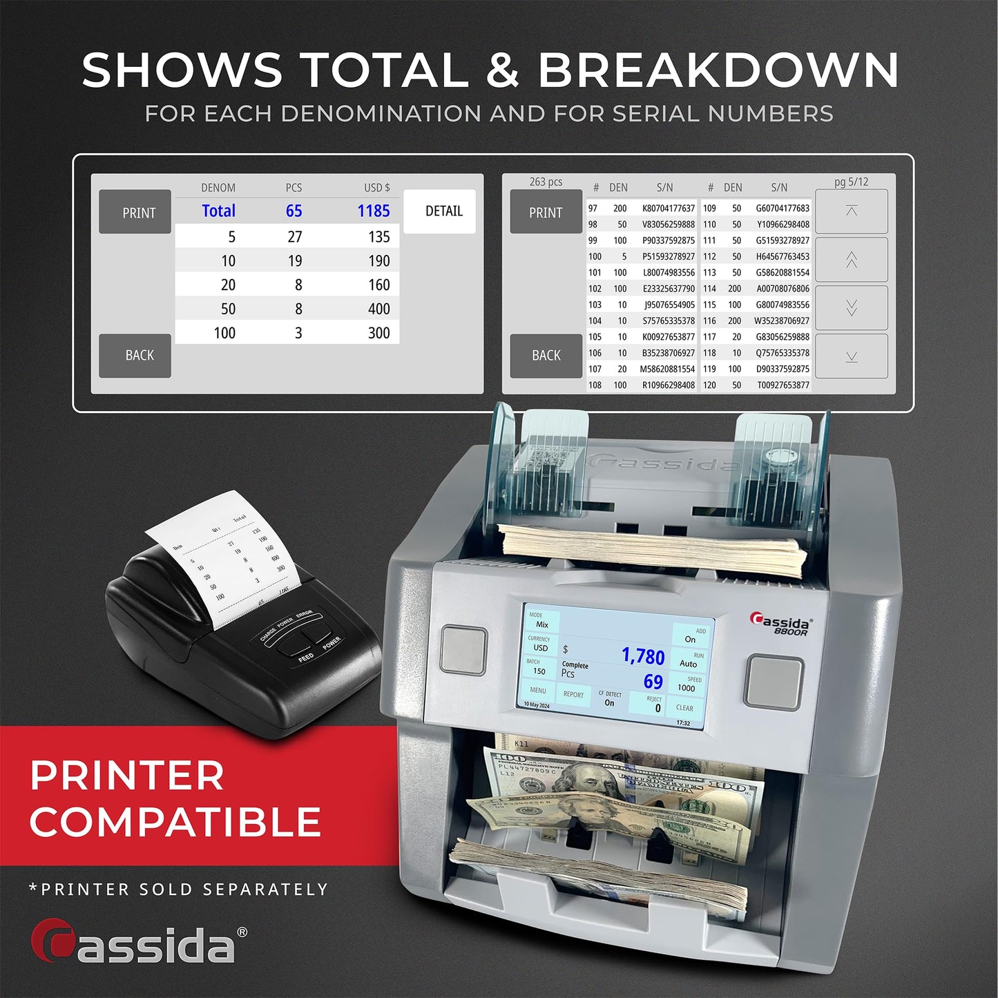 Cassida 8800R V2 USA Premium Bank-Grade Mixed Denomination Money Counter Machine, Advanced Counterfeit Detection, Multi-Currency, 3-Year Warranty, Includes External Display, Printing Enabled