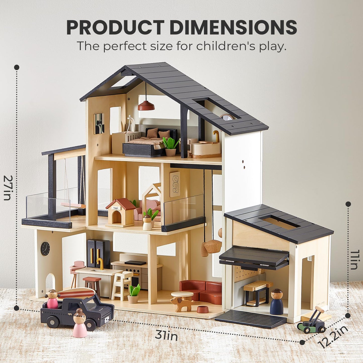 Tiny Land Modern Family Dollhouse & Wooden Dollhouse Garage Toy Set