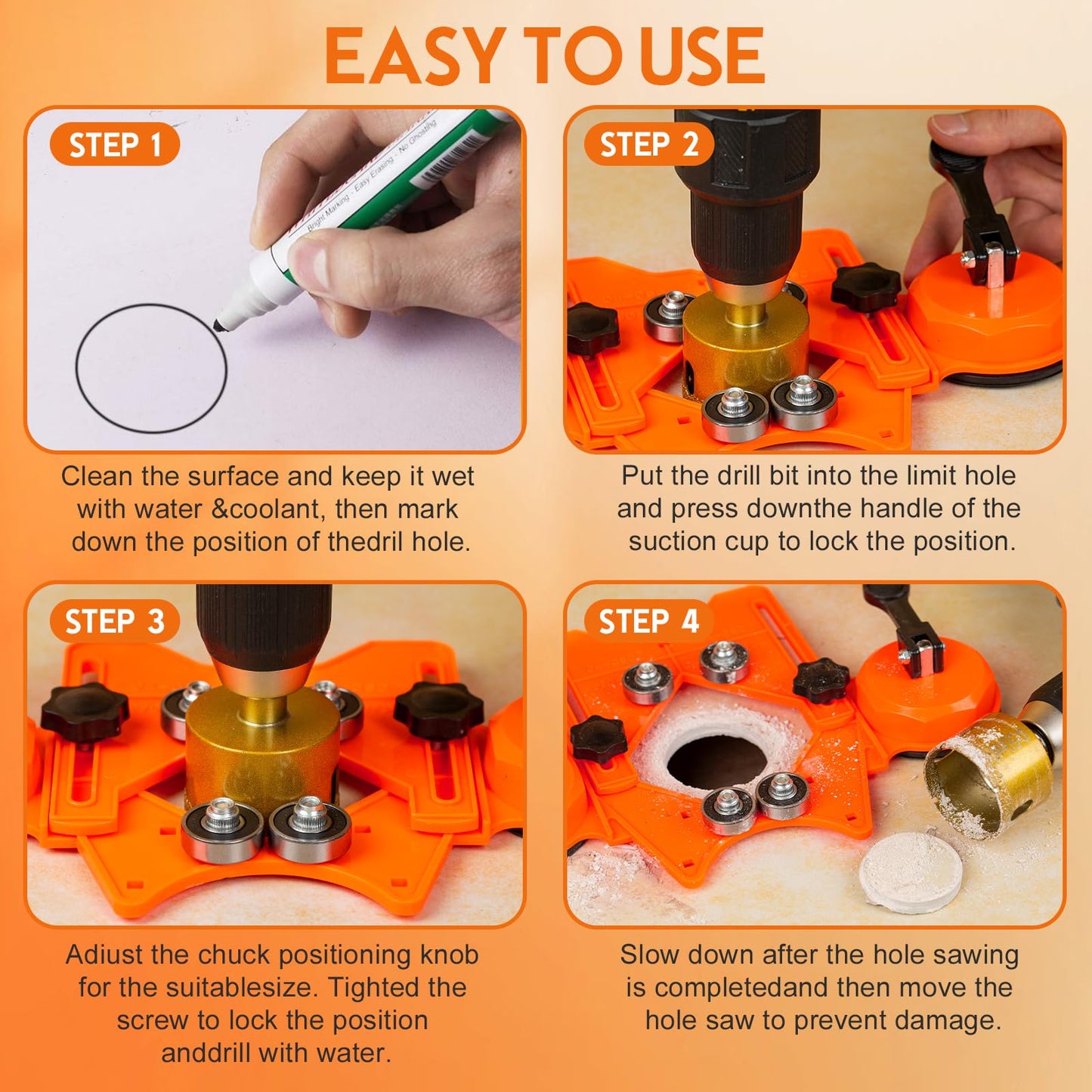 THINKWORK Diamond Drill Bits, Dry/Wet Brazing Hollow Drill Hole Saw Kit, 12 PCS Tile Opener (1/4"-2”) with Double Suction Cups Hole Saw Guide Jig, Suitable for Glass, Ceramic, Tile, Marble, Porcelain