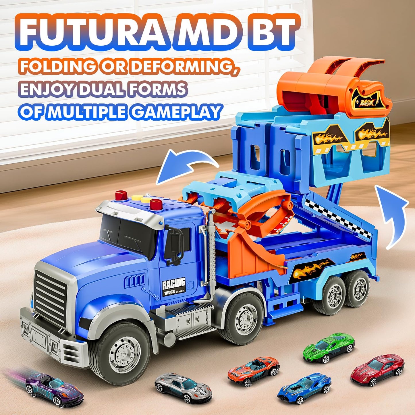 Kids Toys for 3 4 5 6 7 8 Years Old Boys, Carrier Truck Transport Car with Lights Sounds, Christmas Birthday Gift for Toddler, Foldable Layer Car Race Track Playset with Race Track, 6 Metal Toy Cars