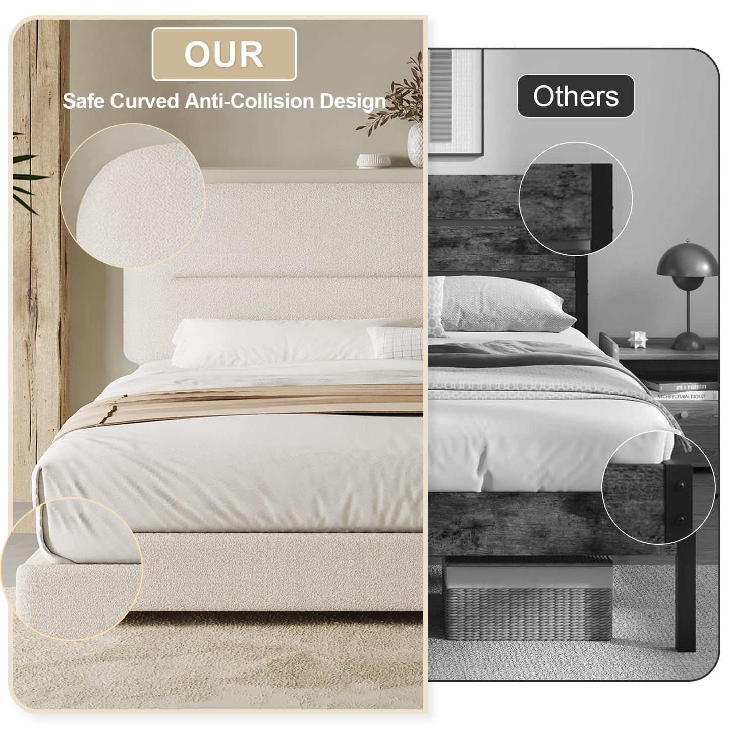 HOMBCK Queen Bed Frame with Headboard, Boucle Upholstered Soft Platform Bed Frame with Thickened Footboard, Rounded Corners Design, No Box Spring Required, Easy Assembly, Cream