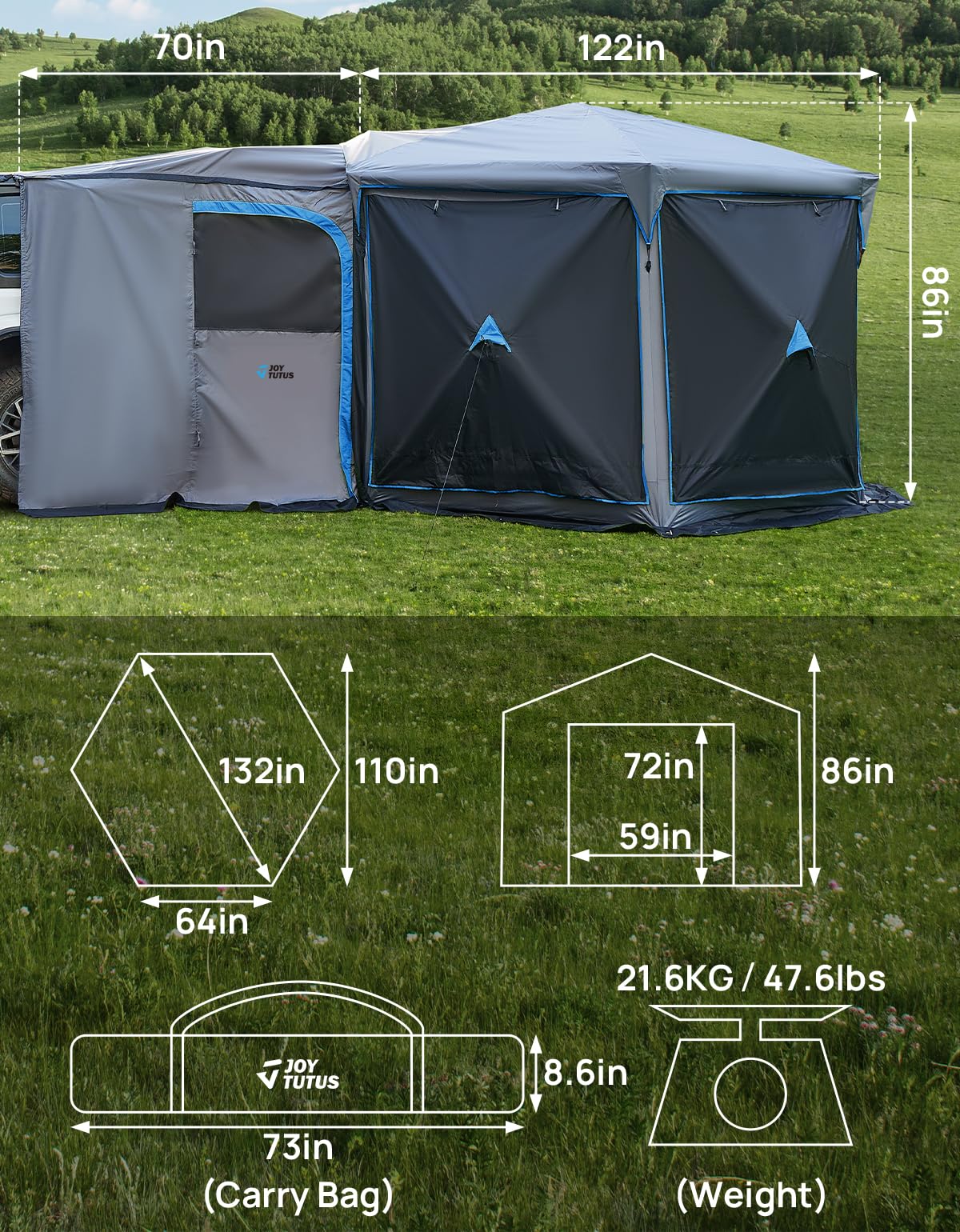 JOYTUTUS Dual-Use Pop up SUV Tent for Camping, 11x11 FT Outdoor Gazebo, SUV Tailgate Tent for Family Vehicle Camping, Canopy Shelter Portable Carry Bag, Gray Blue
