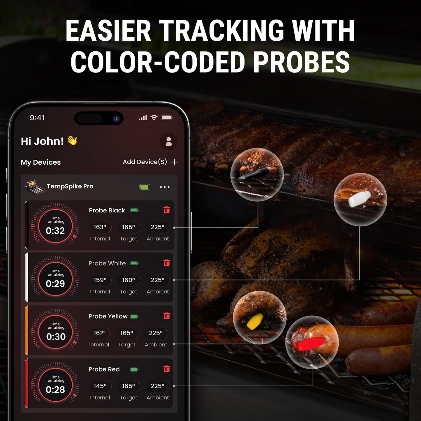 TempSpike Wireless Meat Thermometer Digital with App, WiFi & Bluetooth BBQ Grill Thermometer with High Precision, Waterproof & Heat-Resistant Probes, Rechargeable Base with Display for BBQ Smoker Oven