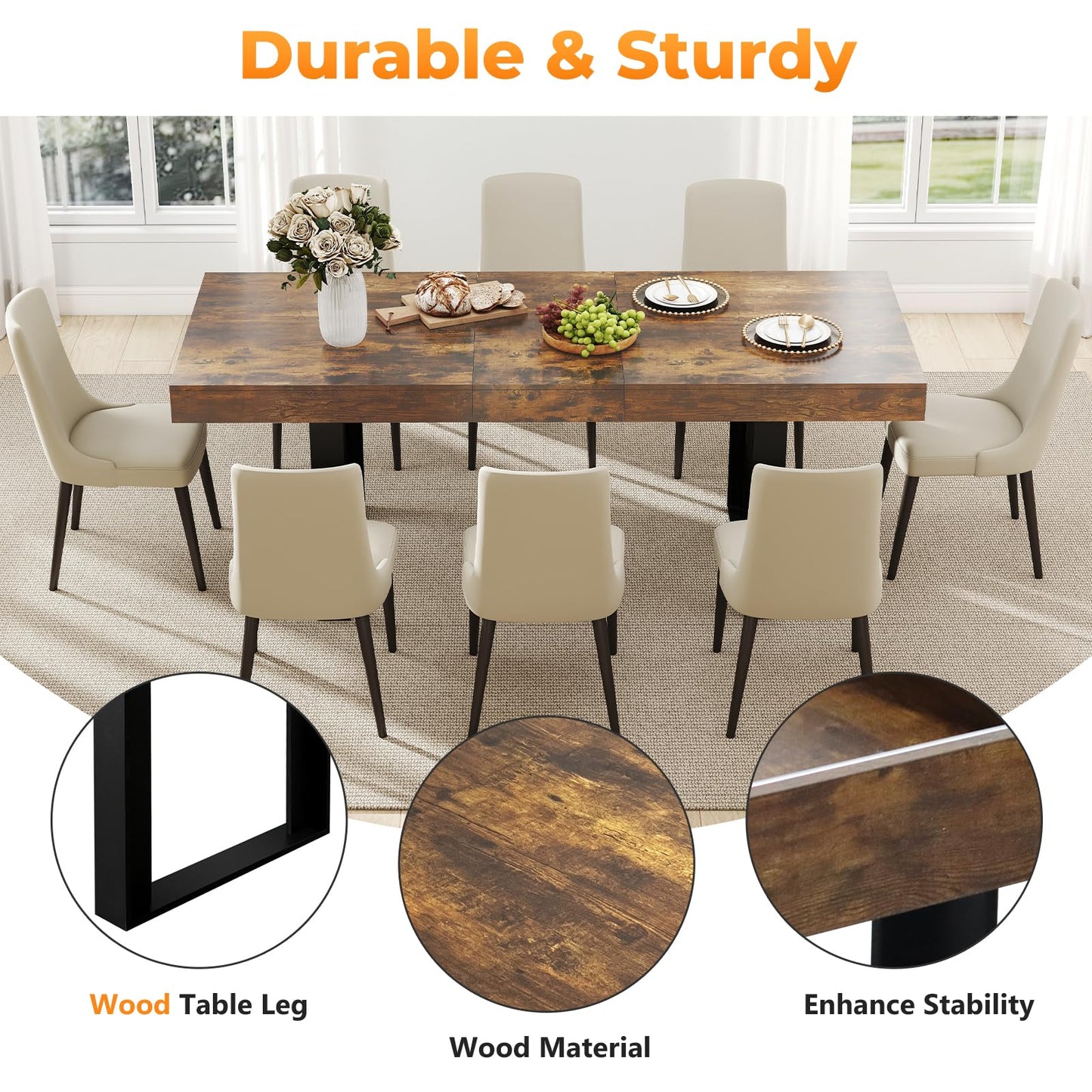 Zevemomo 63"-78.7" Rectangular Extendable Dining Table, 6-8 Extendable Dining Table, Conference Table, Kitchen Table with Slide Track, Tapered U-Shaped Wood Legs for Office, Living Room-Rustic Brown