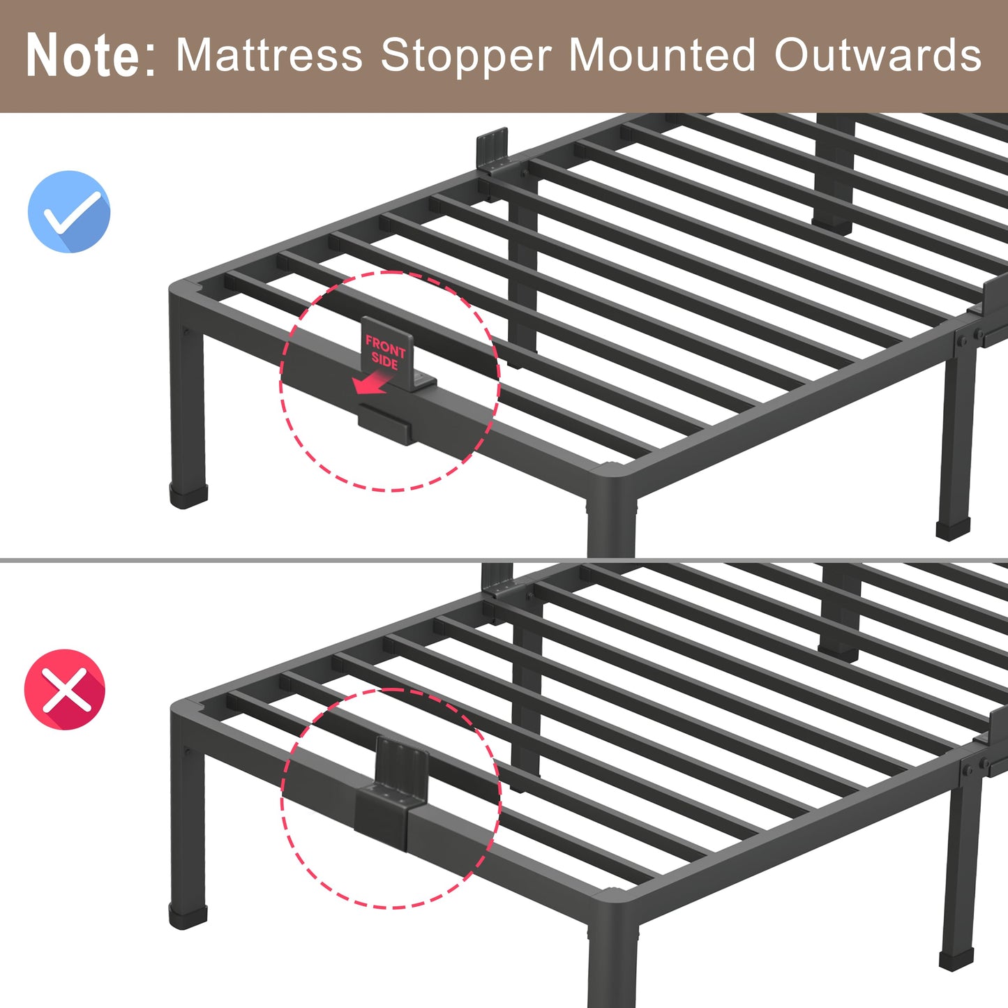 ROIL 14 inch Metal Queen Bed Frame with Rounded Corner and Headboard Hole Mattress Retainers 3500LBS Heavy Duty Steel Slats No Box Spring Needed Platform Noise-Free Easy Assembly