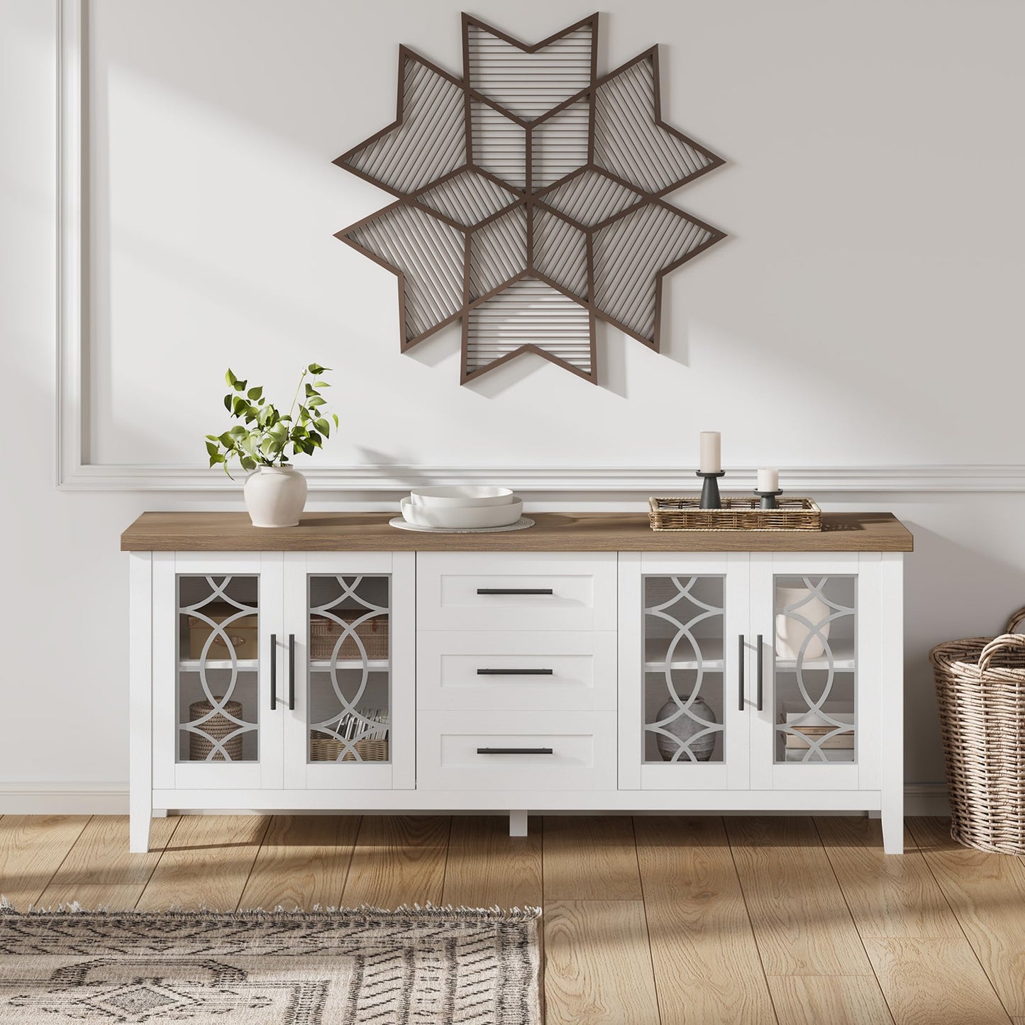 GarveeHome Farmhouse TV Stand with Glass Door for 70 Inch Tv, Mid Century Modern Entertainment Center for Living Room, Rustic Television Stands 2 Storage Door & 3 Drawer for Bedroom (Classic White)