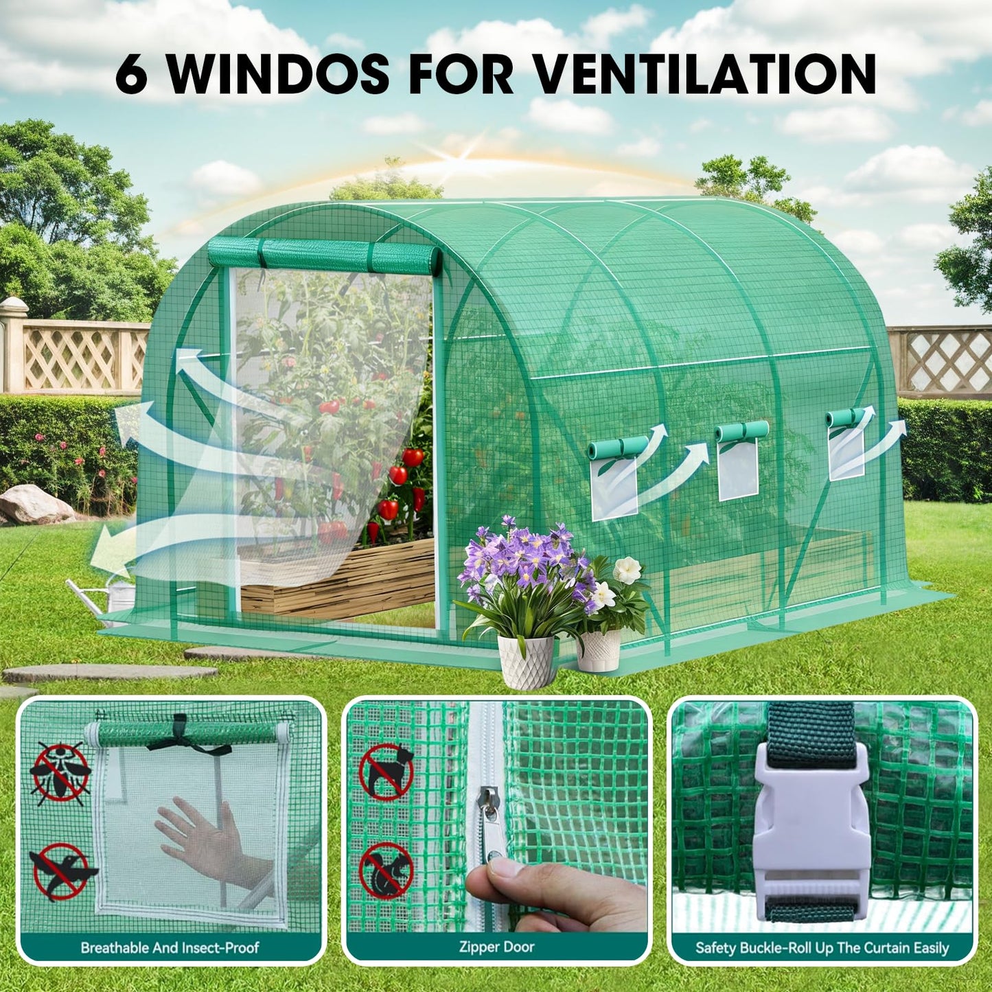 Grezone Walk-in Greenhouse Upgraded Green House with Zippered Screen Doors & 6 Screen Windows Heavy Duty Plastic Plant Warm House with Reinforced Frame (12x7x7 FT)