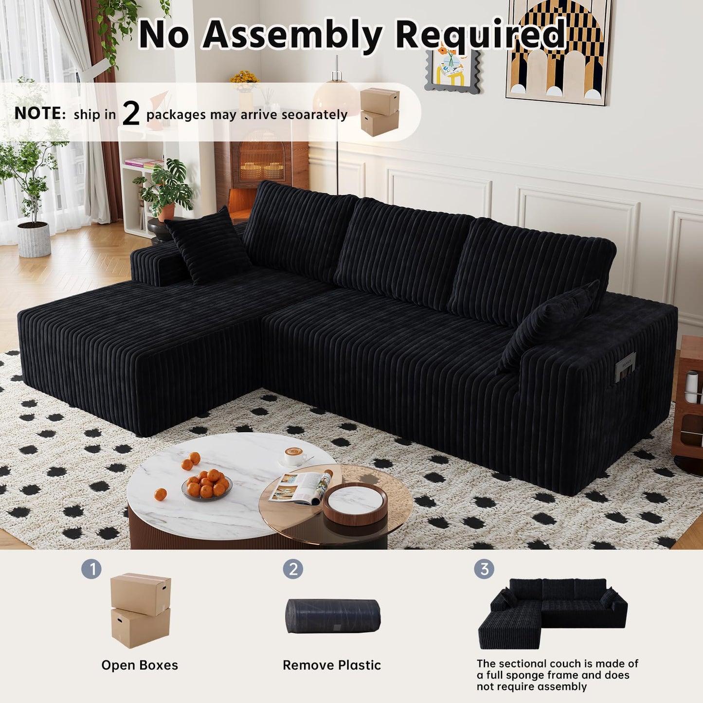 108" Cloud Sectional Couch with L-Shape Chaise,4 Seat Modern Modular Sofa with Deep Seat,Upholstered Couches for Living Room Bedroom, Boneless Couch